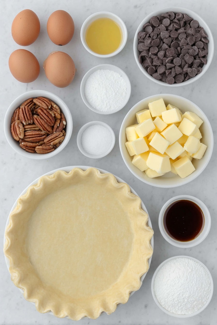 Chocolate Bourbon Pecan Pie, bourbon pecan pie, chocolate pecan pie, holiday pecan pie, decadent pecan pie - Flat lay of whole uncracked brown eggs with clean shells, a small cluster of fresh whole pecans, a small white ceramic bowl filled with glossy semisweet chocolate chips, a small white ceramic bowl holding golden unsalted butter cubes, a small white ceramic bowl with granulated white sugar, a small white ceramic bowl containing viscous light corn syrup, a small white ceramic bowl with rich amber bourbon, a small white ceramic bowl with pure vanilla extract, and a small white ceramic bowl with coarse kosher salt, one perfectly formed unbaked pie crust dough disk resting flat, all ingredients arranged in perfect symmetry on a clean white marble surface, soft natural light, photo taken with an iPhone, professional food photography style, fresh ingredients, white ceramic bowls, no bottles, no duplicates, no utensils, no packaging --ar 2:3 --v 7 --p m7354615311229779997