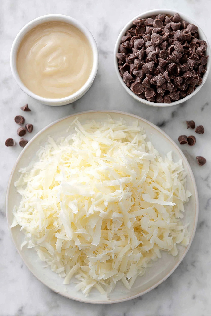 Chocolate Drizzled Coconut Macaroons, coconut macaroons with chocolate, chewy coconut cookies, easy coconut dessert, homemade coconut treats - Flat lay of sweetened shredded coconut piled loosely on a simple white ceramic plate, a small white bowl filled with thick sweetened condensed milk, a neat pile of shiny semi-sweet chocolate chips on a white ceramic dish, placed on a clean white marble surface, soft natural light, photo taken with an iPhone, professional food photography style, fresh ingredients, white ceramic bowls, no bottles, no duplicates, no utensils, no packaging --ar 2:3 --v 7 --p m7354615311229779997