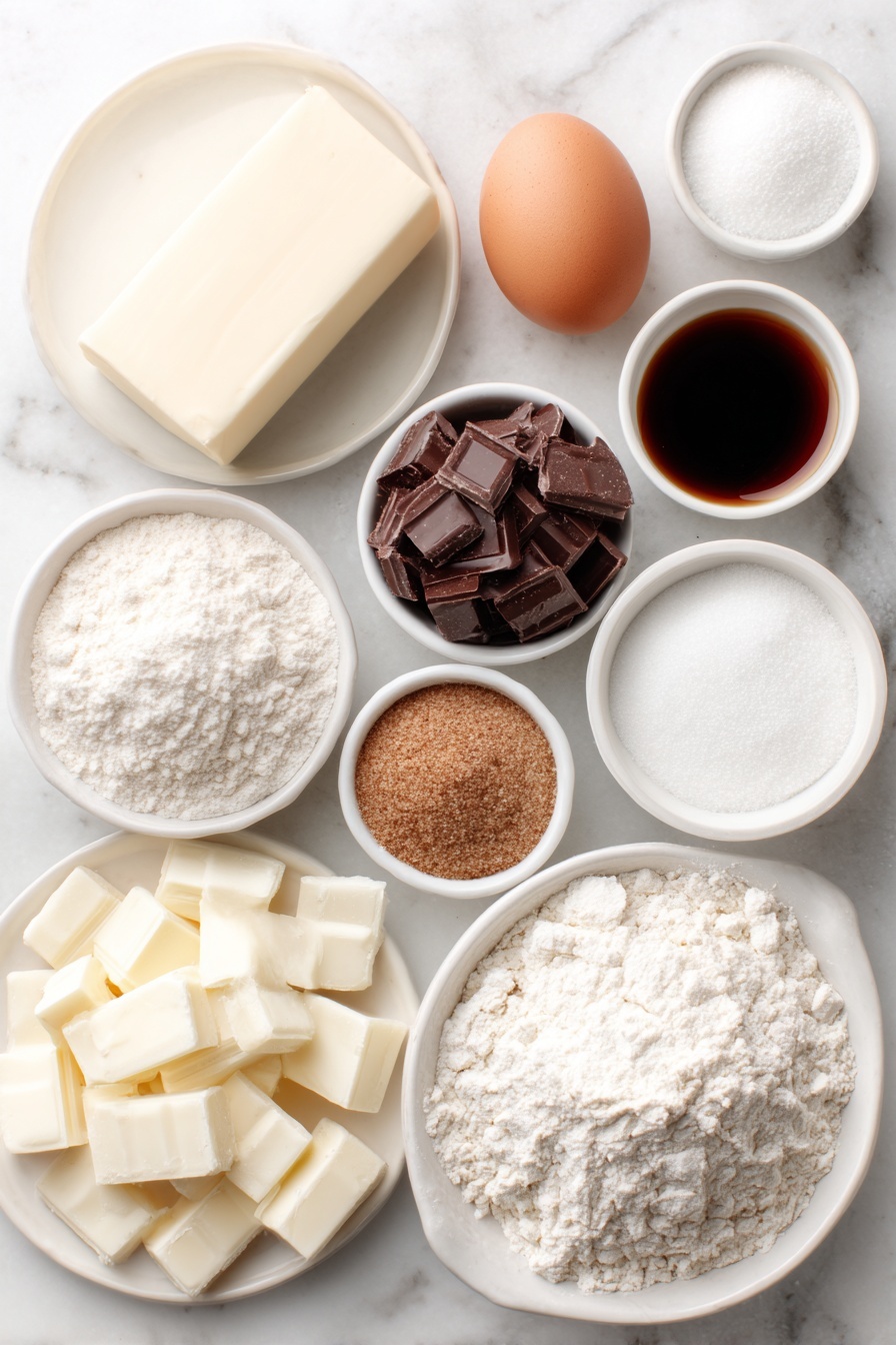 Eggnog Snickerdoodle Thumbprint Cookies, holiday cookie recipes, festive thumbprint cookies, eggnog desserts, Christmas cookie ideas - Flat lay of unsalted butter stick with a smooth surface, light brown sugar in a small white ceramic bowl, white granulated sugar in a small white ceramic bowl, one medium egg with an uncracked clean shell, a small white ceramic bowl of vanilla extract, a mound of all purpose flour with a soft texture, a small white ceramic bowl of kosher salt, a small white ceramic bowl of baking soda, a small white ceramic bowl of cream of tartar, a small white ceramic bowl containing granulated sugar mixed with ground cinnamon, chopped white chocolate pieces in a small white ceramic bowl, a small white ceramic bowl of eggnog, a small white ceramic bowl of dark rum, freshly grated nutmeg piled on a small white ceramic plate placed on a clean white marble surface, soft natural light, photo taken with an iPhone, professional food photography style, fresh ingredients, white ceramic bowls, no bottles, no duplicates, no utensils, no packaging --ar 2:3 --v 7 --p m7354615311229779997