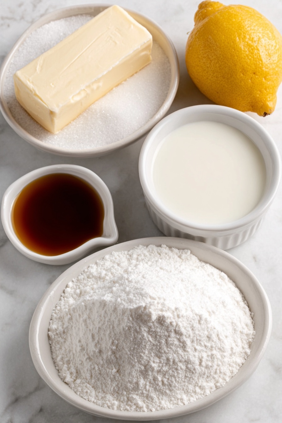 Easy Buttercream Frosting for Cupcakes, vanilla frosting recipe, homemade cupcake frosting, simple buttercream icing, quick frosting for cupcakes - Flat lay of a small mound of fine white confectioner’s sugar, a stick of soft pale yellow butter with a smooth surface, a small white bowl of clear milk, a small white bowl of golden vanilla extract, and a fresh whole lemon with bright yellow skin, all arranged symmetrically in simple white ceramic bowls and plates, placed on a clean white marble surface, soft natural light, photo taken with an iPhone, professional food photography style, fresh ingredients, white ceramic bowls, no bottles, no duplicates, no utensils, no packaging --ar 2:3 --v 7 --p m7354615311229779997