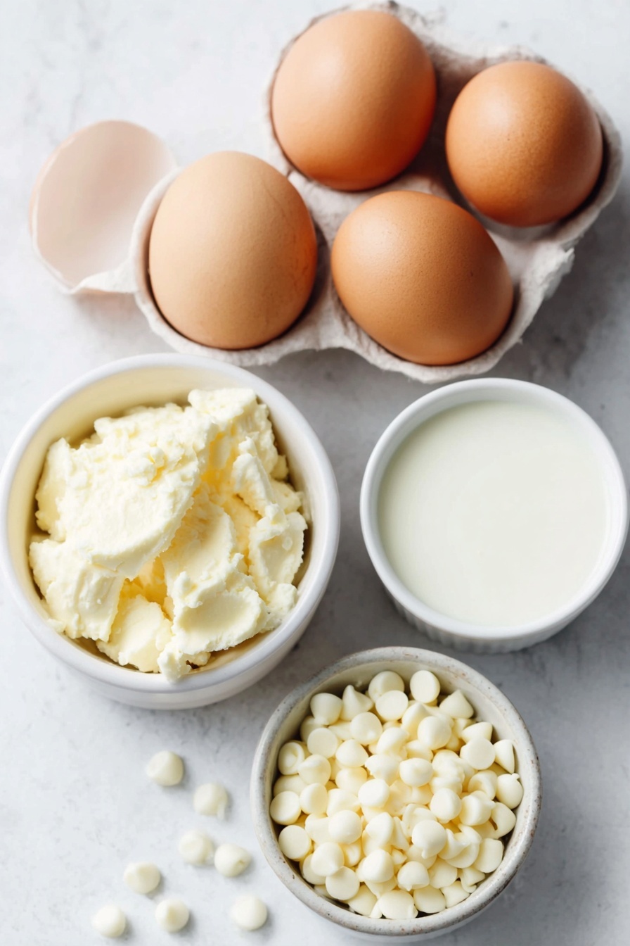 Creamy White Hot Chocolate, white hot chocolate recipe, cozy winter drinks, easy hot chocolate, indulgent hot chocolate - Flat lay of fresh whole brown eggs with clean shells, a small white ceramic bowl filled with smooth white chocolate chips, a small white ceramic bowl holding creamy milk, a small white ceramic bowl containing clear vanilla extract, all perfectly arranged in balanced symmetry, placed on a clean white marble surface, soft natural light, photo taken with an iPhone, professional food photography style, fresh ingredients, white ceramic bowls, no bottles, no duplicates, no utensils, no packaging --ar 2:3 --v 7 --p m7354615311229779997