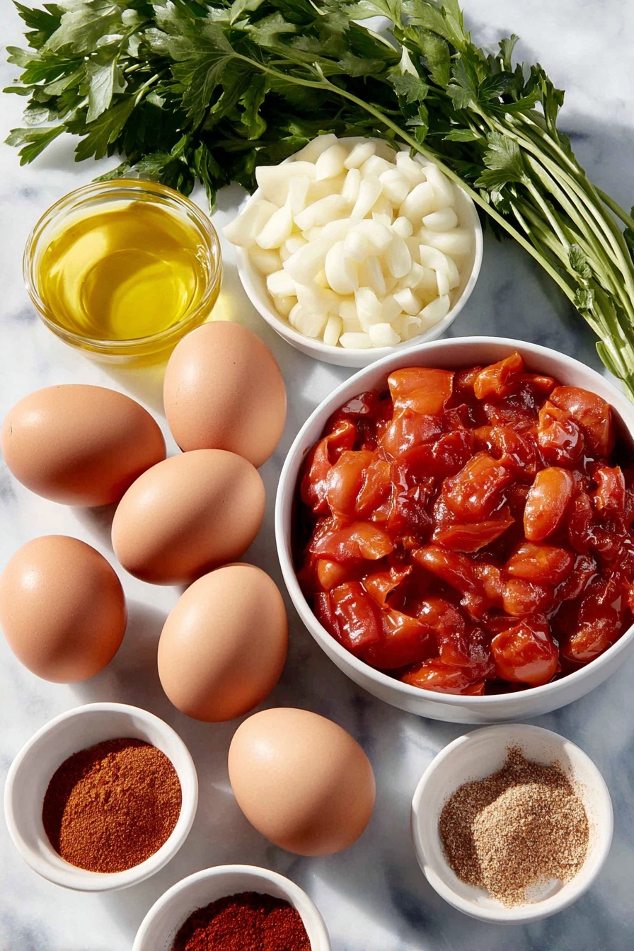 Easy Shakshuka, shakshuka with eggs, Middle Eastern egg dish, spicy tomato shakshuka, brunch egg recipes - Flat lay of a small white ceramic bowl filled with golden olive oil, a medium peeled and diced white onion, a whole red bell pepper cut into chunks, four peeled garlic cloves, a small white bowl containing vibrant red paprika powder, a small white bowl with earthy brown cumin powder, a tiny white bowl holding fine red chili powder, a simple white ceramic bowl with whole peeled tomatoes in rich red juice, six whole large brown eggs with clean shells, a few sprigs of fresh green cilantro, and a few sprigs of fresh bright green parsley all arranged symmetrically and balanced, placed on a clean white marble surface, soft natural light, photo taken with an iPhone, professional food photography style, fresh ingredients, white ceramic bowls, no bottles, no duplicates, no utensils, no packaging --ar 2:3 --v 7 --p m7354615311229779997