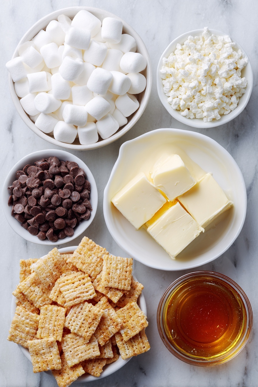 Golden Grahams S'mores Bars, s'mores bars without baking, easy s'mores dessert, no-bake cereal bars, campfire s'mores treats - Flat lay of mini white marshmallows scattered loosely, small pile of glossy milk chocolate chips, a few thick cubes of pale yellow butter, a small white ceramic bowl filled with clear golden corn syrup, a generous cluster of golden square Golden Grahams cereal pieces all arranged with perfect symmetry on a clean white marble surface, soft natural light, photo taken with an iPhone, professional food photography style, fresh ingredients, white ceramic bowls, no bottles, no duplicates, no utensils, no packaging --ar 2:3 --v 7 --p m7354615311229779997