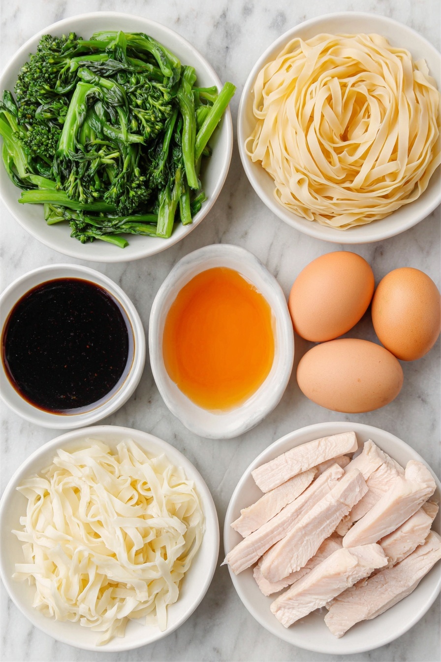 Quick Thai Pad See Ew Stir Fry, Thai noodle stir-fry, easy Pad See Ew recipe, quick Thai dinner, authentic Thai stir-fry - Flat lay of wide dried rice noodles loosely coiled, fresh raw chicken breast sliced into strips, vibrant green Chinese broccoli cut into bite-sized pieces, two large smooth brown eggs with clean shells, three cloves of fresh garlic unpeeled, small white ceramic bowls containing dark glossy Thai sweet soy sauce, translucent amber fish sauce, thick caramel-colored oyster sauce, dark soy sauce with almost black hue, fine white powder of white pepper, and granulated white sugar, all arranged symmetrically with perfect balance on a clean white marble surface, soft natural light, photo taken with an iPhone, professional food photography style, fresh ingredients, white ceramic bowls, no bottles, no duplicates, no utensils, no packaging --ar 2:3 --v 7 --p m7354615311229779997