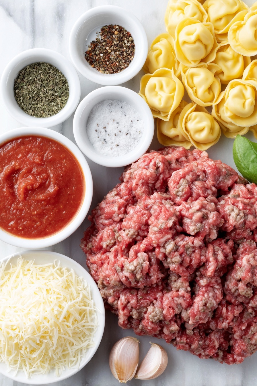 Cheesy Baked Tortellini with Beef, cheesy baked tortellini, beef tortellini casserole, hearty tortellini pasta bake, easy cheese tortellini dish - Flat lay of a mound of fresh ground beef, three uncracked brown garlic cloves, small white bowls each containing dried basil, dried parsley, dried oregano, dried thyme, and a pinch of crushed red pepper flakes, a small white bowl of coarse salt and freshly ground black pepper, a small white bowl filled with vibrant red marinara sauce, a handful of uncooked cheese tortellini pasta with delicate folded edges, a small pile of shredded mozzarella cheese, and a small heap of grated Parmesan cheese, all neatly arranged in perfect symmetry on a simple white ceramic surface, placed on a clean white marble surface, soft natural light, photo taken with an iPhone, professional food photography style, fresh ingredients, white ceramic bowls, no bottles, no duplicates, no utensils, no packaging --ar 2:3 --v 7 --p m7354615311229779997