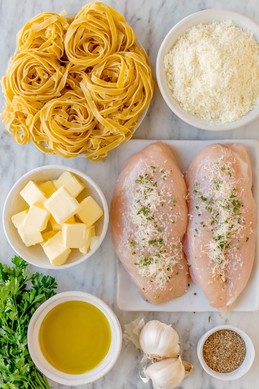 Creamy Fettuccine Alfredo with Chicken, chicken Alfredo pasta recipe, easy creamy Alfredo with chicken, homemade chicken Alfredo, comfort food chicken Alfredo - Flat lay of two raw boneless skinless chicken breasts seasoned with coarse sea salt and freshly ground black pepper, a small white ceramic bowl of golden olive oil, a neatly coiled nest of uncooked fettuccine pasta, four whole uncracked brown garlic bulbs, a small white bowl filled with pale creamy unsalted butter cubes, a small white bowl of fine all-purpose flour, a small white bowl of smooth half and half cream, a small white bowl containing fine sea salt, a delicate pinch of ground nutmeg and white pepper on a white ceramic plate, a small white bowl heaped with freshly grated Parmesan cheese, and a few sprigs of vibrant finely chopped fresh parsley, all arranged in perfect symmetry and balanced proportions, placed on a clean white marble surface, soft natural light, photo taken with an iPhone, professional food photography style, fresh ingredients, white ceramic bowls, no bottles, no duplicates, no utensils, no packaging --ar 2:3 --v 7 --p m7354615311229779997