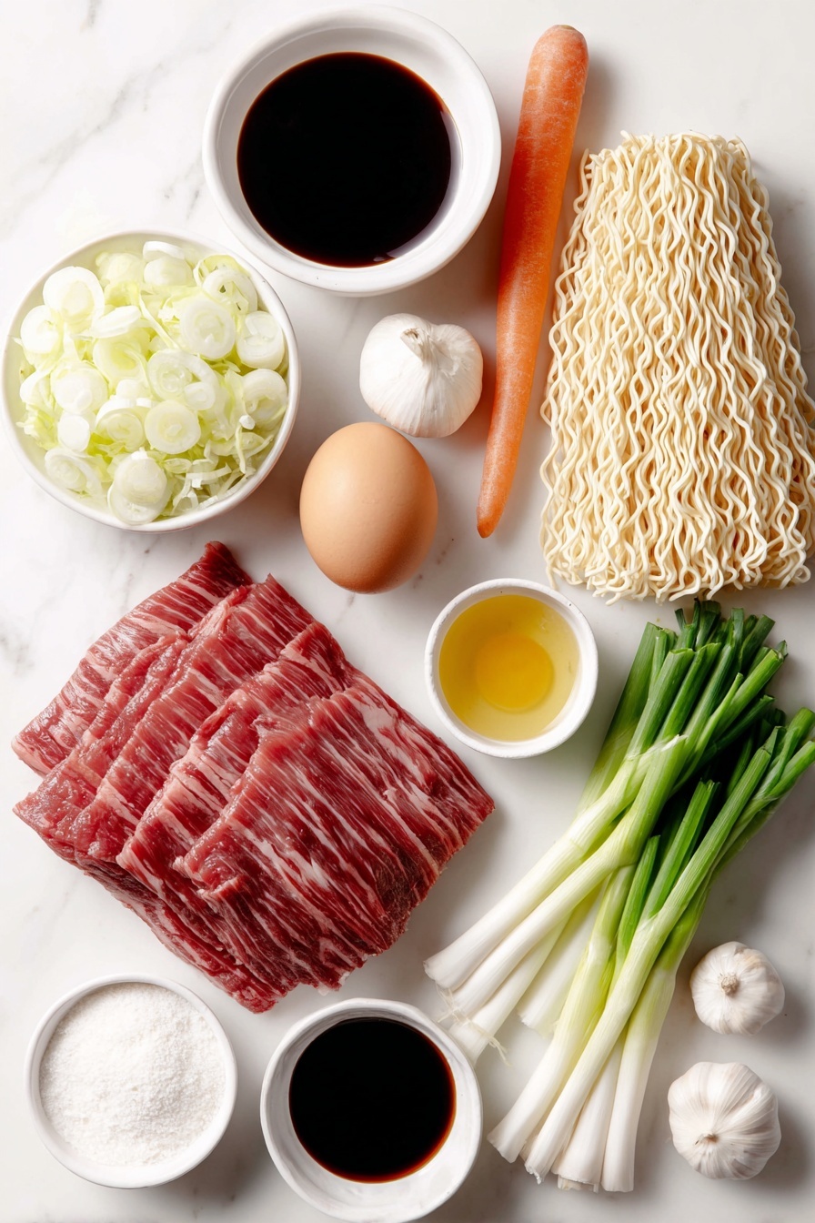 Beef Lo Mein Stir Fry, quick beef stir fry recipes, easy Asian noodles, flavorful beef stir fry, weeknight dinner ideas - Flat lay of a small pile of raw flank steak strips, a medium whole carrot, a handful of sliced green cabbage, a small mound of thinly sliced white onion, five fresh scallions with green tops and white bottoms separated, five peeled garlic cloves roughly chopped, a small pile of dry lo mein noodles, a small white ceramic bowl with light brown oyster sauce, a small white ceramic bowl with dark soy sauce, a small white ceramic bowl with light soy sauce, a small white ceramic bowl with golden sesame oil, a small white ceramic bowl with white sugar, a small white ceramic bowl with white cornstarch, a small white ceramic bowl with clear water, a small white ceramic bowl with Shaoxing wine, one whole uncracked brown egg, and a few sprigs of fresh white peppercorns, arranged in perfect symmetry on simple white ceramic bowls and plates, placed on a clean white marble surface, soft natural light, photo taken with an iPhone, professional food photography style, fresh ingredients, white ceramic bowls, no bottles, no duplicates, no utensils, no packaging --ar 2:3 --v 7 --p m7354615311229779997