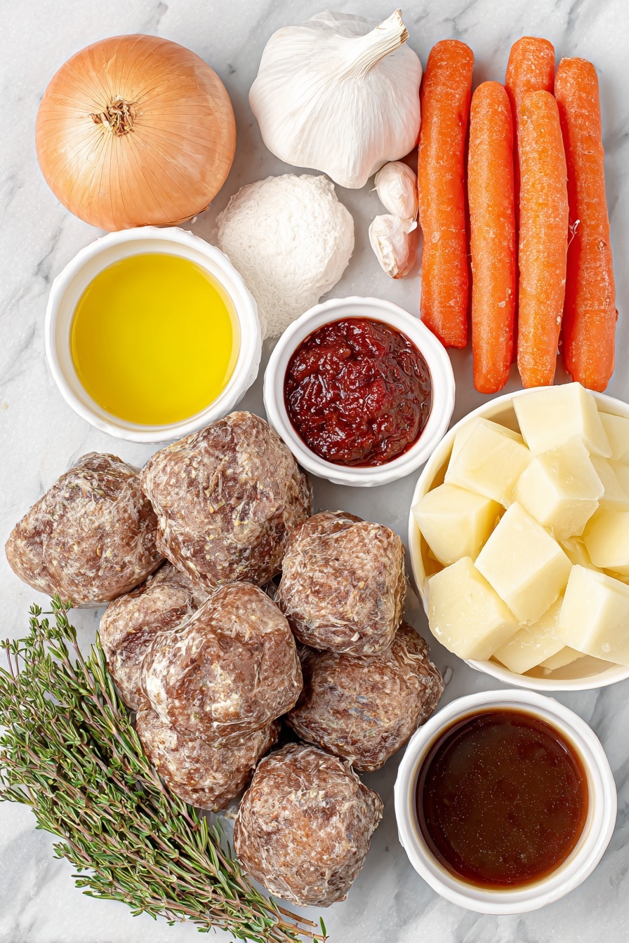 Vegan Irish Stew with Beer, Irish vegan stew, plant-based Irish stew, hearty vegan stew, vegan Guinness stew - Flat lay of a large sweet onion with its papery skin removed, three large garlic cloves with smooth white skins, four peeled carrots cut into rustic chunks, four peeled Yukon Gold potatoes cut into chunks showing their creamy interior, a small white ceramic bowl filled with golden olive oil, a small white ceramic bowl holding bright red tomato paste, a small white ceramic bowl with dark brewing Guinness stout, a small white ceramic bowl containing rich vegetable broth, a small white ceramic bowl with vegan Worcestershire sauce, a small white ceramic bowl with light beige dried rosemary leaves, a small white ceramic bowl with dried thyme sprigs, a small white ceramic bowl with freshly ground black pepper, a small white ceramic bowl with pale white cornstarch powder, a small white ceramic bowl filled with clear water, and a portion of natural-looking browned Gardein beefless tips piled neatly, all arranged with perfect symmetry and realistic proportions, placed on a clean white marble surface, soft natural light, photo taken with an iPhone, professional food photography style, fresh ingredients, white ceramic bowls, no bottles, no duplicates, no utensils, no packaging --ar 2:3 --v 7 --p m7354615311229779997