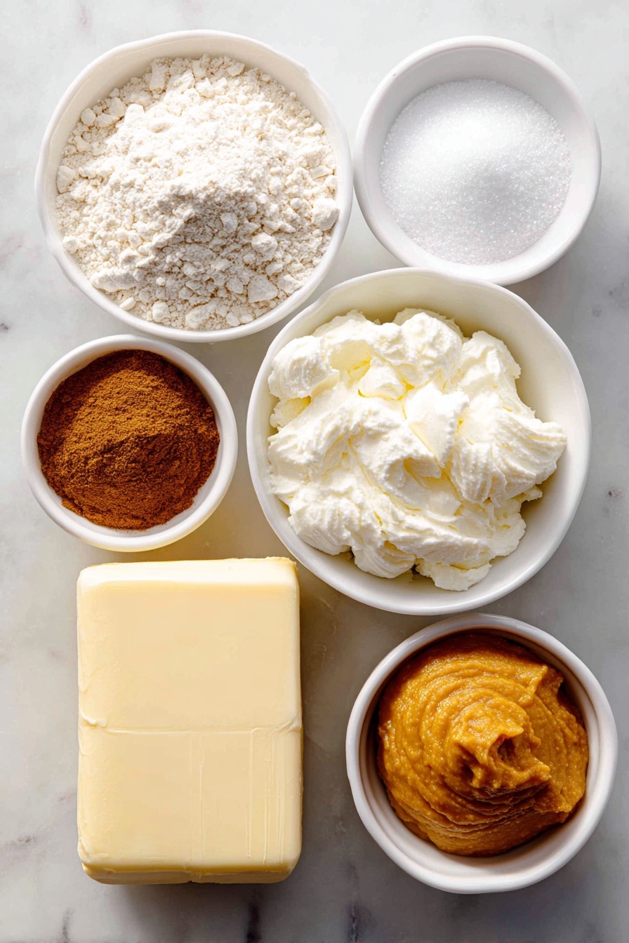 Vegan Pumpkin Crumble Bars, fall vegan desserts, plant-based pumpkin bars, dairy-free pumpkin crumble, easy vegan pumpkin treats - Flat lay of a small mound of all purpose flour, a neat pile of granulated sugar, a small white bowl of brown sugar, a few tablespoons of pumpkin pie spice arranged as a vibrant orange-brown powder, a small white bowl of fine cornstarch, a small white bowl filled with smooth, bright orange pumpkin puree, a small white bowl containing creamy full fat coconut milk, a few pinches of salt scattered beside a small heap of coarse salt crystals, and a block of pale yellow vegan butter softened with creamy texture, all placed on a clean white marble surface, soft natural light, photo taken with an iPhone, professional food photography style, fresh ingredients, white ceramic bowls, no bottles, no duplicates, no utensils, no packaging --ar 2:3 --v 7 --p m7354615311229779997