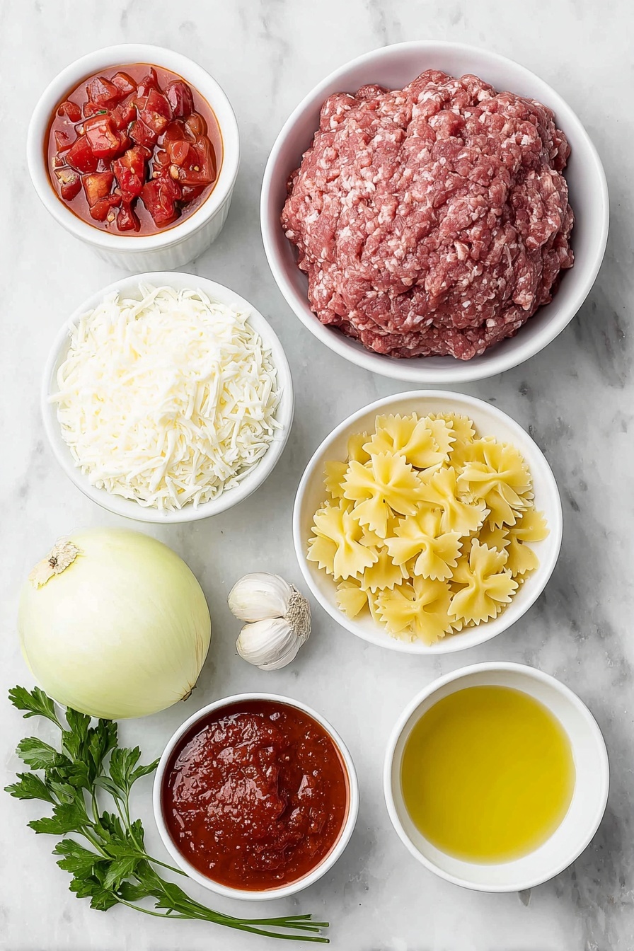 Lasagna Soup, Lasagna Soup with Pasta and Cheese, Easy Lasagna Soup Recipe, Comfort Food Dinner, Cozy Italian Soup - Flat lay of a small pool of golden olive oil in a simple white ceramic bowl, a heap of fresh raw ground beef shaped naturally, a large peeled yellow onion cut in half to show its layers, four whole uncracked garlic cloves, a small white bowl filled with bright red diced tomatoes with juice, a small white bowl containing smooth tomato sauce, a smaller white bowl with thick, deep red tomato paste, a simple white bowl holding clear golden chicken broth, uncooked bowtie (farfalle) pasta scattered neatly in a small white bowl, a delicate mound of fresh ricotta cheese on a white ceramic plate, shredded mozzarella cheese in a small white bowl, freshly shaved parmesan cheese resting on a plain white plate, and a small bunch of fresh vibrant green parsley sprigs arranged elegantly beside them, all placed on a clean white marble surface, soft natural light, photo taken with an iPhone, professional food photography style, fresh ingredients, white ceramic bowls, no bottles, no duplicates, no utensils, no packaging --ar 2:3 --v 7 --p m7354615311229779997