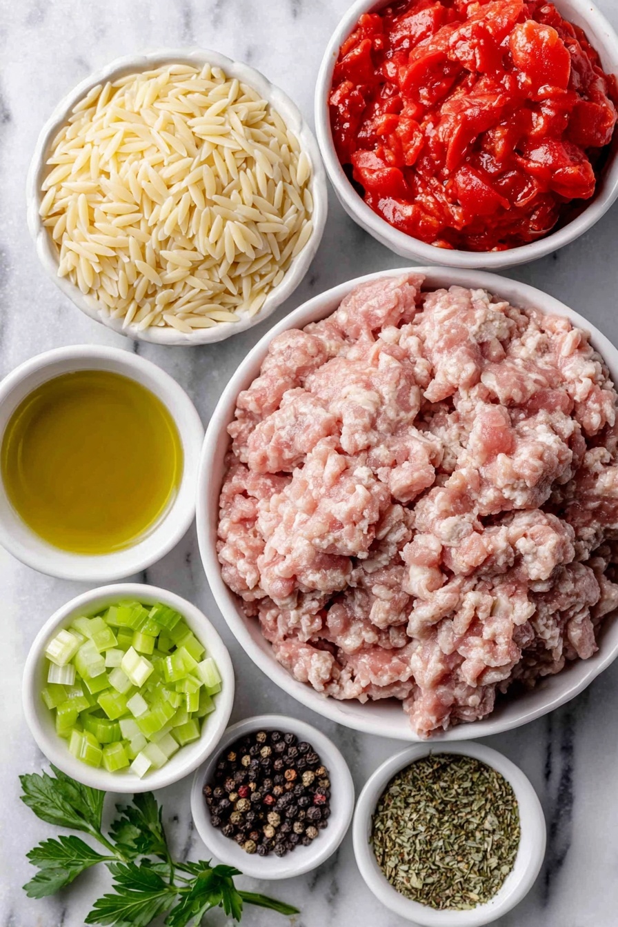 Italian Sausage and Orzo Soup, Italian sausage and orzo soup, hearty Italian sausage soup, easy Italian sausage soup, comforting soup recipes - Flat lay of a small white ceramic bowl of golden olive oil, a pile of fresh Italian sausage meat, half a medium yellow onion diced, two bright green celery ribs chopped, three peeled garlic cloves finely grated, a small white ceramic bowl of uncooked orzo pasta, a simple white ceramic bowl filled with bright red diced tomatoes with juice, a small white ceramic bowl of rich golden chicken broth, a small white ceramic bowl of mixed Italian seasoning herbs, a small white ceramic bowl of coarse sea salt, a small white ceramic bowl of cracked black peppercorns, fresh sprigs of green parsley placed neatly, placed on a clean white marble surface, soft natural light, photo taken with an iPhone, professional food photography style, fresh ingredients, white ceramic bowls, no bottles, no duplicates, no utensils, no packaging --ar 2:3 --v 7 --p m7354615311229779997