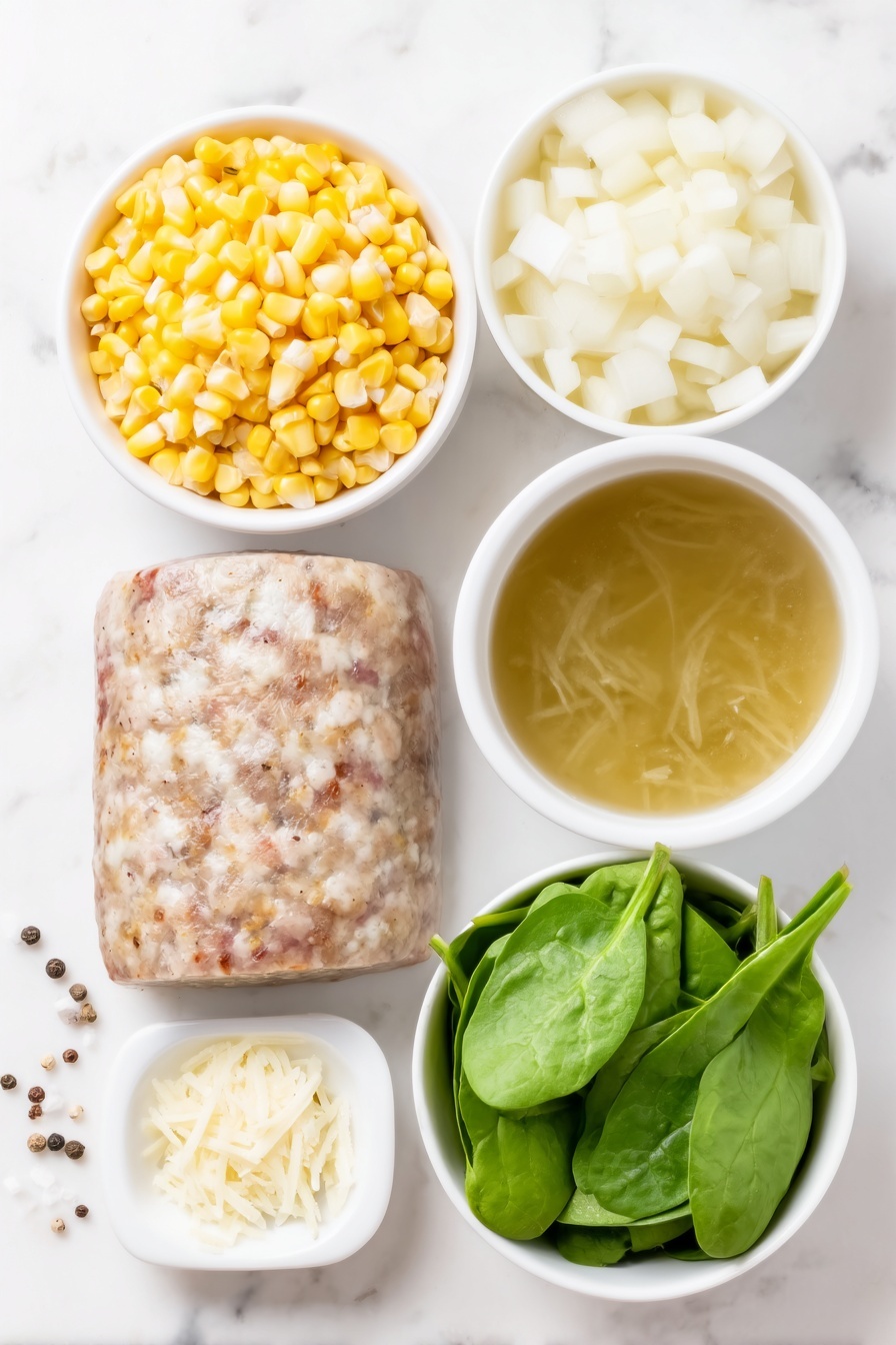 One-Pot Sausage Orzo with Spinach, sausage orzo pasta, easy sausage orzo recipe, simple one-pot dinner, healthy sausage spinach dish - Flat lay of a whole mild Italian chicken sausage, half a medium yellow onion chopped into small pieces, a small white ceramic bowl filled with bright yellow frozen corn kernels, a simple white ceramic bowl holding uncooked orzo pasta, a small white ceramic bowl with golden chicken broth, a loose pile of fresh packed baby spinach leaves, a small white ceramic bowl of freshly grated pale parmesan cheese, and a few twists of freshly ground black pepper scattered nearby, all arranged with perfect symmetry on a clean white marble surface, soft natural light, photo taken with an iPhone, professional food photography style, fresh ingredients, white ceramic bowls, no bottles, no duplicates, no utensils, no packaging --ar 2:3 --v 7 --p m7354615311229779997