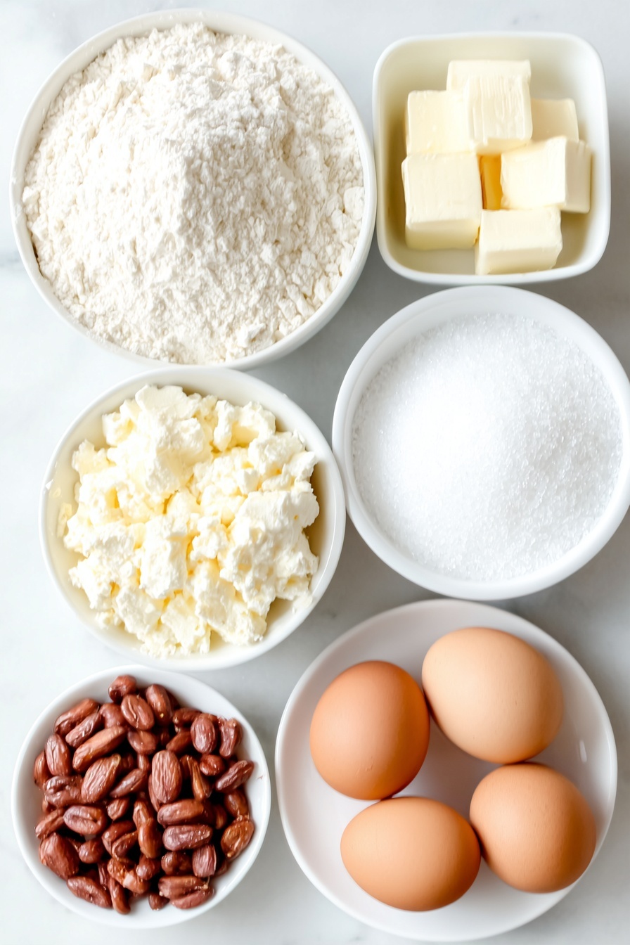 Peanut Butter Cake with Creamy Frosting, peanut butter cake recipe, easy peanut butter cake ideas, moist peanut butter cake, creamy frosting dessert - Flat lay of a small mound of all purpose flour, a small mound of granulated sugar, a small white bowl of baking soda powder, a small white bowl of salt crystals, a few cubes of unsalted butter, a small white bowl of water, a small dollop of creamy peanut butter, a small white bowl of vegetable oil, two whole uncracked brown eggs, a small white bowl of buttermilk, a small white bowl of vanilla extract, a small mound of sifted confectioner’s sugar, and a handful of roasted peanuts, all arranged symmetrically on simple white ceramic plates and bowls, placed on a clean white marble surface, soft natural light, photo taken with an iPhone, professional food photography style, fresh ingredients, white ceramic bowls, no bottles, no duplicates, no utensils, no packaging --ar 2:3 --v 7 --p m7354615311229779997