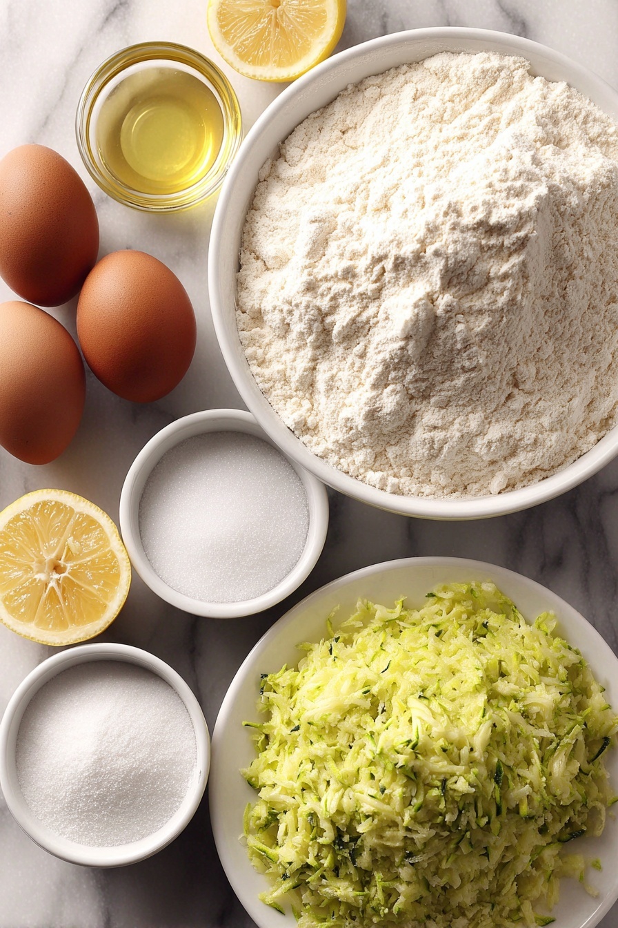 Lemon Zucchini Bread, Lemon Zucchini Bread recipe, citrus zucchini bread, moist zucchini bread, easy lemon zucchini bread - Flat lay of all purpose flour in a small white ceramic bowl, kosher salt in a small white bowl, baking soda in a small white bowl, baking powder in a small white bowl, two large uncracked brown eggs, clear vegetable oil in a small white bowl, granulated white sugar in a small white bowl, vanilla extract in a small white bowl, shredded green zucchini piled loosely on a white ceramic plate, two whole bright yellow lemons with one sliced in half showing juicy interior, confectioners sugar in a small white bowl, all arranged symmetrically with perfect proportions, placed on a clean white marble surface, soft natural light, photo taken with an iPhone, professional food photography style, fresh ingredients, white ceramic bowls, no bottles, no duplicates, no utensils, no packaging --ar 2:3 --v 7 --p m7354615311229779997