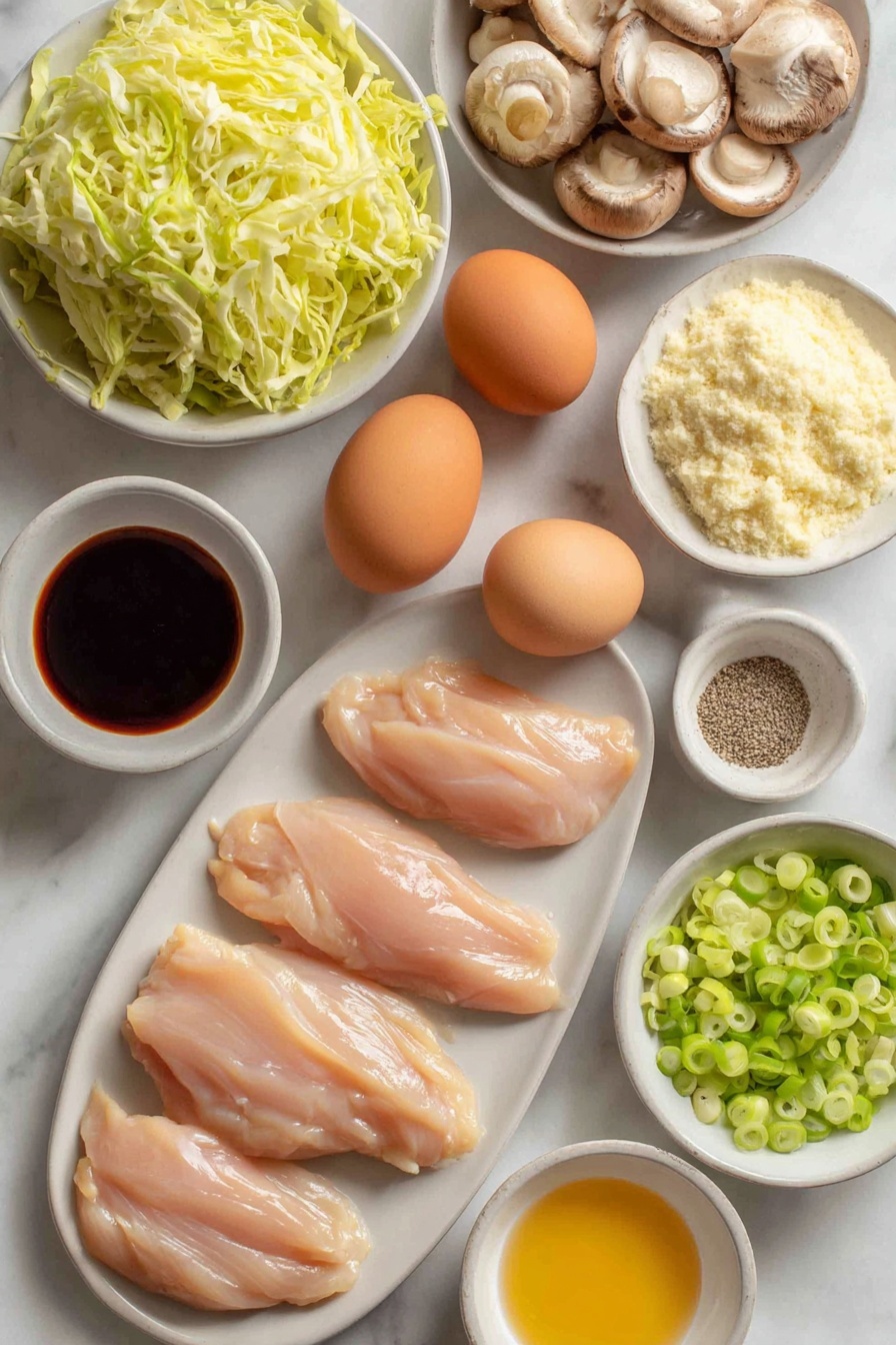 Moo Shu Chicken, easy Chinese stir-fry, quick dinner ideas, healthy Chinese recipes, veggie-packed stir-fry - Flat lay of thin strips of raw boneless skinless chicken breast, two whole uncracked brown eggs, fresh sliced shiitake mushrooms, a pile of sliced green Napa cabbage, thinly sliced green onions, small white ceramic bowls containing thick dark hoisin sauce, soy sauce, clear rice vinegar, minced garlic cloves, freshly grated ginger, cornstarch powder, golden sesame oil, ground black pepper, and pale golden mirin, all arranged symmetrically on a clean white marble surface, soft natural light, photo taken with an iPhone, professional food photography style, fresh ingredients, white ceramic bowls, no bottles, no duplicates, no utensils, no packaging --ar 2:3 --v 7 --p m7354615311229779997