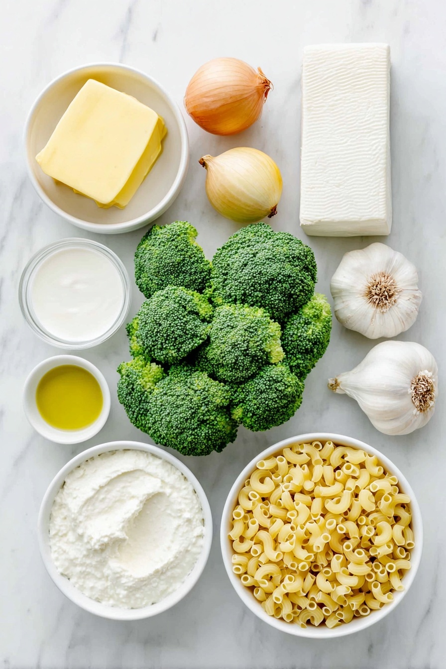 Creamy Broccoli Pasta with Cheesy Sauce, creamy broccoli pasta, cheesy pasta recipes, comforting broccoli pasta dish, easy cheesy pasta - Flat lay of a small pat of fresh yellow butter, a small white bowl of golden olive oil, a whole unpeeled yellow onion, vibrant green broccoli florets, four peeled garlic cloves, a small white bowl filled with thick heavy cream, a block of fresh mozzarella cheese, a wedge of parmesan cheese, a small white bowl with clear pasta water, and uncooked ditalini pasta scattered neatly, all arranged symmetrically on simple white ceramic bowls and plates, placed on a clean white marble surface, soft natural light, photo taken with an iPhone, professional food photography style, fresh ingredients, white ceramic bowls, no bottles, no duplicates, no utensils, no packaging --ar 2:3 --v 7 --p m7354615311229779997