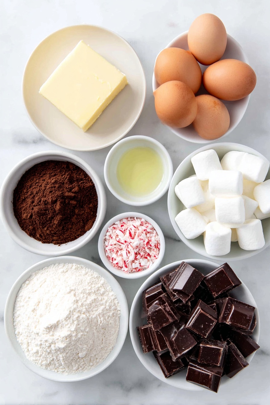 Peppermint Hot Chocolate Cookies, hot chocolate cookie recipe, festive peppermint cookies, holiday chocolate cookies, peppermint dessert ideas - Flat lay of a pile of broken semi-sweet dark chocolate pieces, a few cubes of unsalted butter, a small mound of all-purpose flour, a pinch of baking powder next to a tiny heap of salt, a small white bowl filled with Dutch-process cocoa powder, three whole brown eggs with clean shells, a small cluster of light brown sugar, a small white bowl with clear vanilla extract, a small white bowl containing peppermint extract, a handful of semisweet chocolate chunks, several large white marshmallows, and a small white bowl with crushed red-and-white peppermint candy, all arranged in perfect symmetry on simple white ceramic dishes, placed on a clean white marble surface, soft natural light, photo taken with an iPhone, professional food photography style, fresh ingredients, white ceramic bowls, no bottles, no duplicates, no utensils, no packaging --ar 2:3 --v 7 --p m7354615311229779997