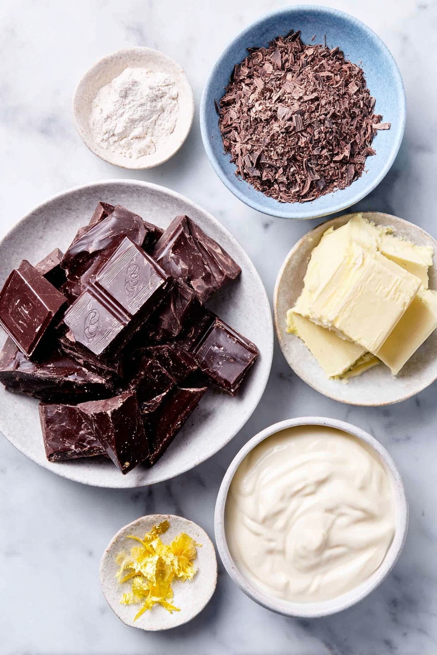 Chocolate Orange Christmas Truffles, festive holiday treats, handmade holiday chocolates, easy Christmas truffles recipe, orange and dark chocolate desserts - Flat lay of finely chopped dark chocolate pieces, a small white bowl of heavy cream, a few bright orange zest strips, smooth dark chocolate chunks for enrobing, fresh orange peel curls, delicate sheets of edible gold leaf arranged flat, all placed in simple white ceramic bowls and dishes, perfectly balanced and symmetrical arrangement on a clean white marble surface, soft natural light, photo taken with an iPhone, professional food photography style, fresh ingredients, white ceramic bowls, no bottles, no duplicates, no utensils, no packaging --ar 2:3 --v 7 --p m7354615311229779997