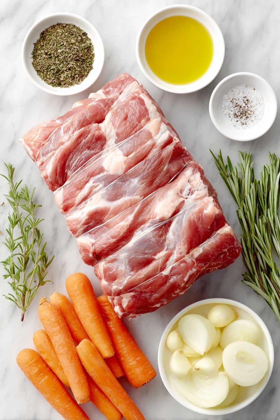 Herb-Roasted Italian Pork Loin, Italian pork loin, roasted pork recipes, herbed pork roast, juicy pork loin - Flat lay of a boneless pork loin roast with a thin layer of fat, eight fresh medium carrots halved lengthwise, two medium quartered yellow onions, five peeled whole garlic cloves, a small white ceramic bowl of golden olive oil, a small white bowl containing mixed dried herbs including crushed basil, thyme, rosemary, and Italian seasoning, a small white bowl of coarse salt crystals, and a small white bowl of freshly ground black pepper, all arranged symmetrically on a clean white marble surface, soft natural light, photo taken with an iPhone, professional food photography style, fresh ingredients, white ceramic bowls, no bottles, no duplicates, no utensils, no packaging --ar 2:3 --v 7 --p m7354615311229779997