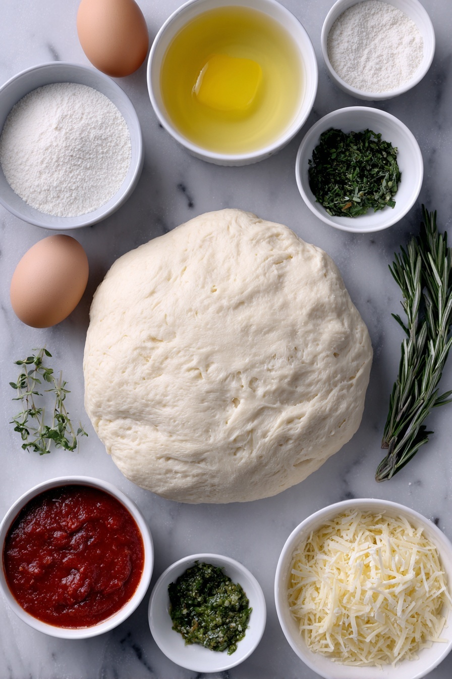 Cheesy Christmas Tree Bread, Christmas Tree Bread, Festive Cheese Bread, Holiday Appetizer, Christmas Bread Recipe - Flat lay of fresh unrolled pizza dough ball, several mozzarella cheese sticks, one large whole brown egg, small white bowl of water, small white bowl with melted butter, small white bowl with grated parmesan cheese, small white bowl with finely chopped fresh parsley, small white bowl with finely chopped fresh rosemary, small white bowl with finely chopped fresh basil, small white bowl with grated garlic, small white bowl of bright red marinara sauce, and small white bowl of green pesto sauce, all arranged symmetrically with perfect balance, placed on a clean white marble surface, soft natural light, photo taken with an iPhone, professional food photography style, fresh ingredients, white ceramic bowls, no bottles, no duplicates, no utensils, no packaging --ar 2:3 --v 7 --p m7354615311229779997