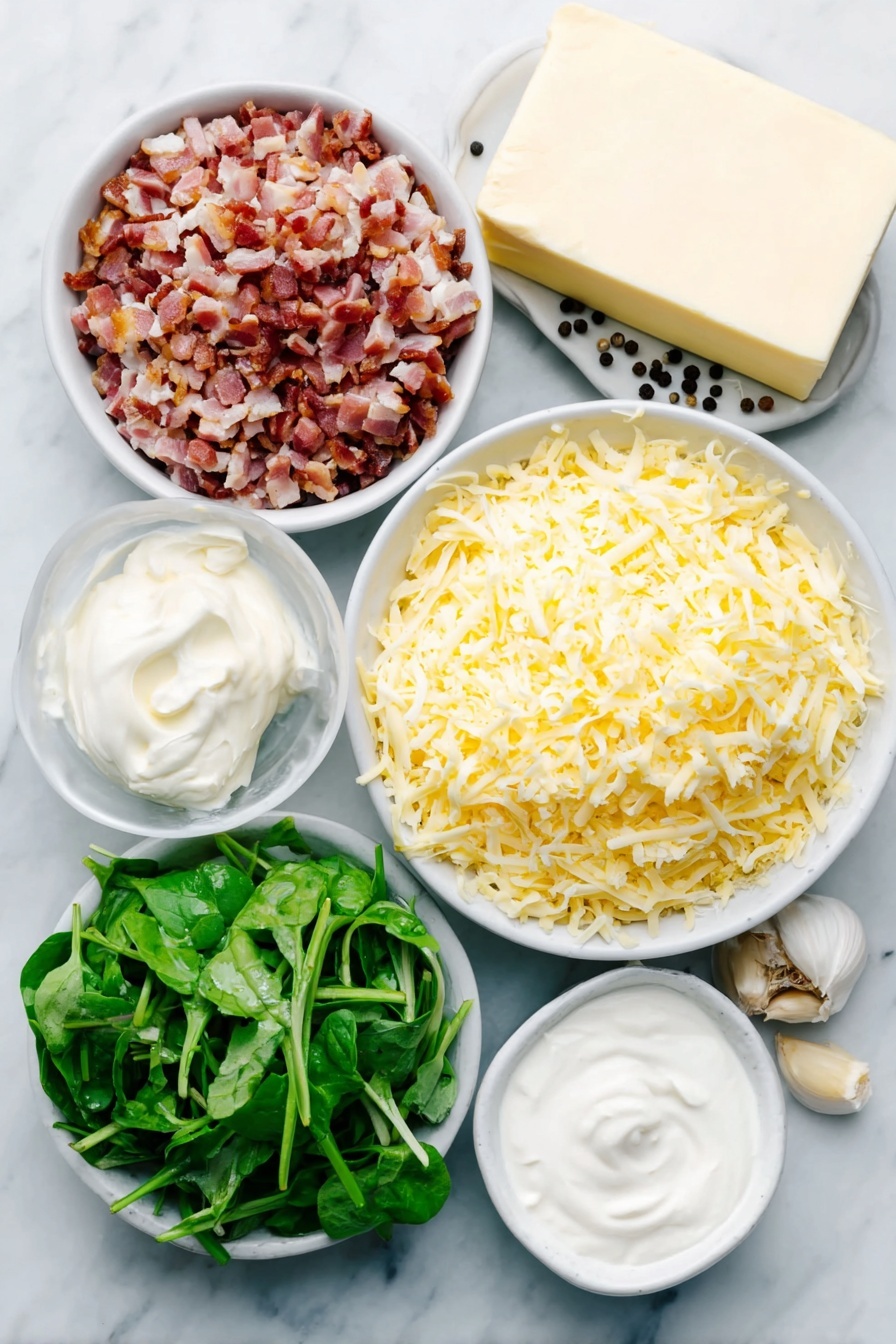 Bacon Spinach Artichoke Dip, creamy cheesy appetizer, easy bacon dip, hot spinach artichoke dip, crowd-pleaser appetizer - Flat lay of crispy small diced bacon pieces, finely chopped artichoke hearts, tightly squeezed fresh green spinach leaves, a block of smooth cream cheese, shredded gouda cheese piled lightly, a small white bowl of sour cream, a small white bowl of mayonnaise, freshly grated parmesan cheese mound, two peeled garlic cloves, and black peppercorns scattered neatly, all arranged symmetrically on simple white ceramic bowls and plates, placed on a clean white marble surface, soft natural light, photo taken with an iPhone, professional food photography style, fresh ingredients, white ceramic bowls, no bottles, no duplicates, no utensils, no packaging --ar 2:3 --v 7 --p m7354615311229779997