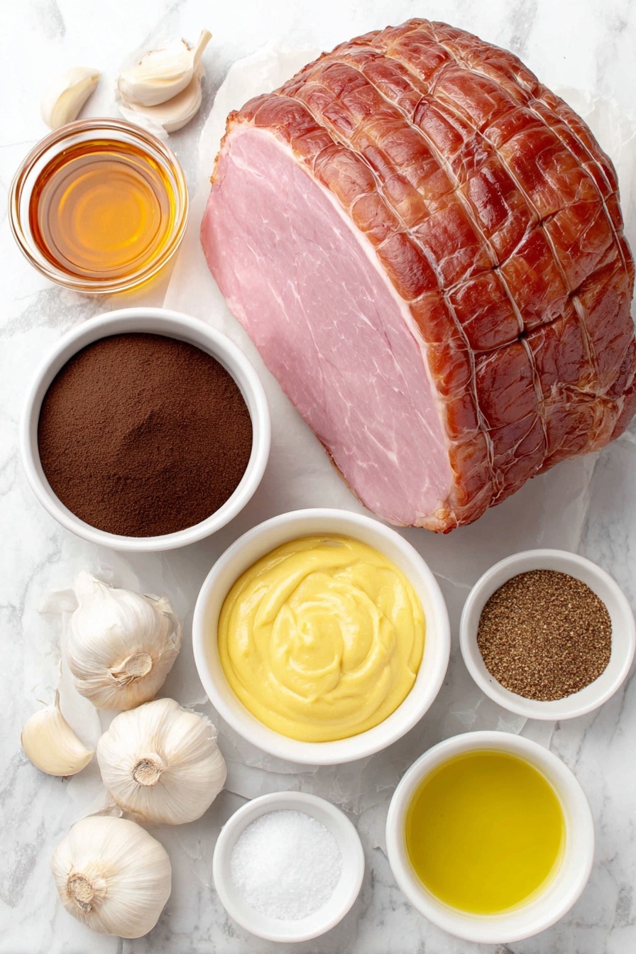 Brown Sugar Mustard Glazed Ham, glazed ham recipe, holiday ham ideas, sweet and tangy ham, easy ham glaze - Flat lay of a large bone-in cooked ham with a rich pink glaze visible on the surface, a small white bowl of thick golden honey, a small white bowl filled with dark brown soft brown sugar, a small white bowl of smooth pale yellow Dijon mustard, a small white bowl of melted golden butter, four whole fresh garlic bulbs with some cloves separated but intact, two small white bowls containing fine ground cinnamon and ground cloves, and a small white bowl of clear water droplets, all arranged with perfect symmetry on a clean white marble surface, soft natural light, photo taken with an iPhone, professional food photography style, fresh ingredients, white ceramic bowls, no bottles, no duplicates, no utensils, no packaging --ar 2:3 --v 7 --p m7354615311229779997