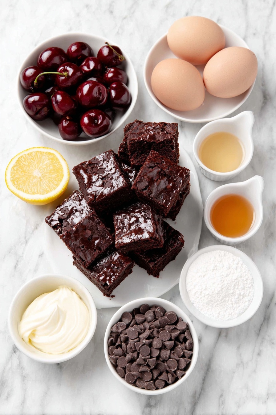 Black Forest Trifle Cherry Compote Cake Layered Dessert Rich Chocolate - Flat lay of a small stack of rich chocolate cake cubes, a handful of glossy dark red pitted cherries, a small white bowl with a few tablespoons of granulated sugar, a small white bowl with a pale slurry of water and cornstarch, a lemon wedge, a tiny white bowl with light amber almond extract, a tiny white bowl of clear vanilla extract, a few whole brown eggs with clean shells, a small white bowl filled with cold heavy whipping cream, another small white bowl with fine white confectioners sugar, and a small handful of shiny mini semi-sweet chocolate chips, all arranged symmetrically with perfect proportions on a clean white marble surface, soft natural light, photo taken with an iPhone, professional food photography style, fresh ingredients, white ceramic bowls, no bottles, no duplicates, no utensils, no packaging --ar 2:3 --v 7 --p m7354615311229779997