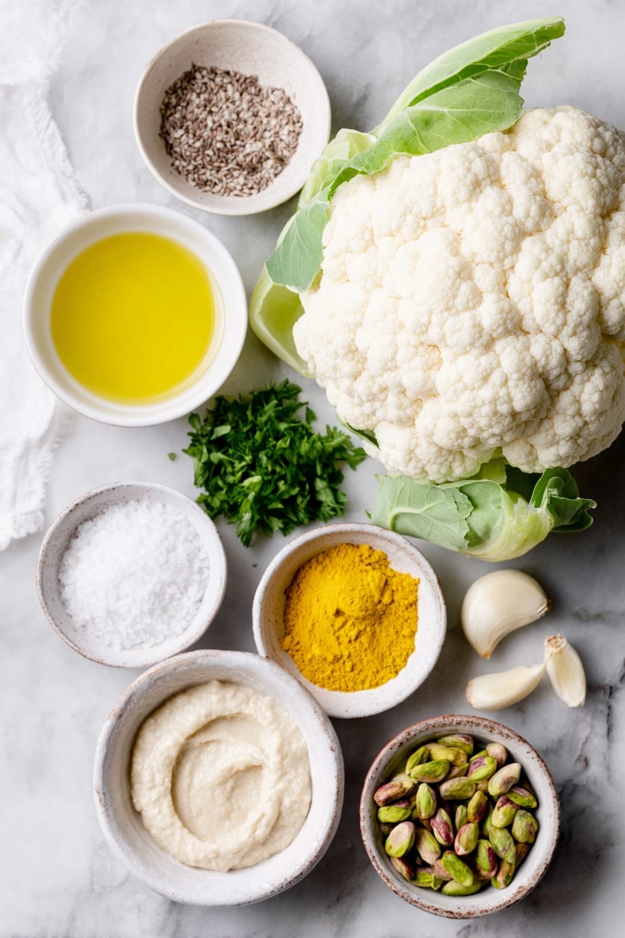 Roasted Cauliflower with Tahini Sauce, roasted cauliflower with tahini, tahini cauliflower dish, healthy roasted cauliflower, flavorful cauliflower recipe - Flat lay of a medium whole cauliflower head with some green leaves attached, a small white ceramic bowl of golden olive oil, a small white ceramic bowl containing vibrant yellow turmeric powder, a small white ceramic bowl with whole cumin seeds, a small white ceramic bowl of flaky sea salt, a small white ceramic bowl filled with creamy beige tahini paste, a small white ceramic bowl of fresh lemon juice with tiny pulp bits visible, a small white ceramic bowl holding a peeled garlic clove, a small white ceramic bowl of roughly chopped bright green flat-leaf parsley, a small white ceramic bowl of roughly chopped fresh mint leaves, a small white ceramic bowl of shelled green pistachios, all perfectly arranged symmetrically and balanced, placed on a clean white marble surface, soft natural light, photo taken with an iPhone, professional food photography style, fresh ingredients, white ceramic bowls, no bottles, no duplicates, no utensils, no packaging --ar 2:3 --v 7 --p m7354615311229779997
