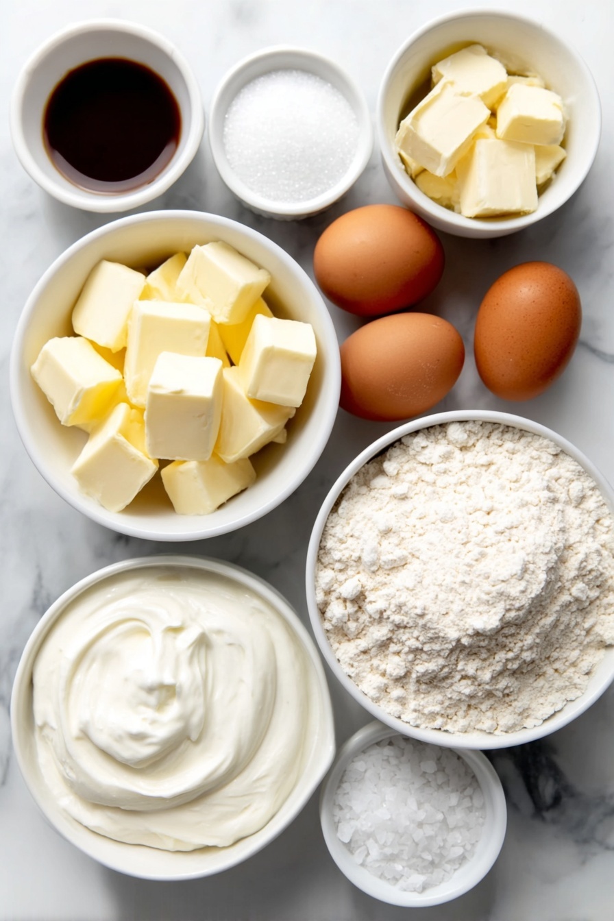 Homemade Angel Biscuits, flaky breakfast biscuits, buttery homemade biscuits, easy angel biscuit recipe, soft Southern biscuits - Flat lay of a small white ceramic bowl of warm water, a small white ceramic bowl of granulated sugar, two brown eggs with clean shells, a small white ceramic bowl of rapid rise instant yeast granules, a small white ceramic bowl filled with all-purpose flour, a small white ceramic bowl of unsalted butter chopped into small cubes, a small white ceramic bowl of butter-flavored shortening chunks, a small white ceramic bowl of buttermilk, a small white ceramic bowl of heavy whipping cream, and a small white ceramic bowl of salt crystals, all arranged with perfect symmetry, fresh and natural, placed on a clean white marble surface, soft natural light, photo taken with an iPhone, professional food photography style, fresh ingredients, white ceramic bowls, no bottles, no duplicates, no utensils, no packaging --ar 2:3 --v 7 --p m7354615311229779997