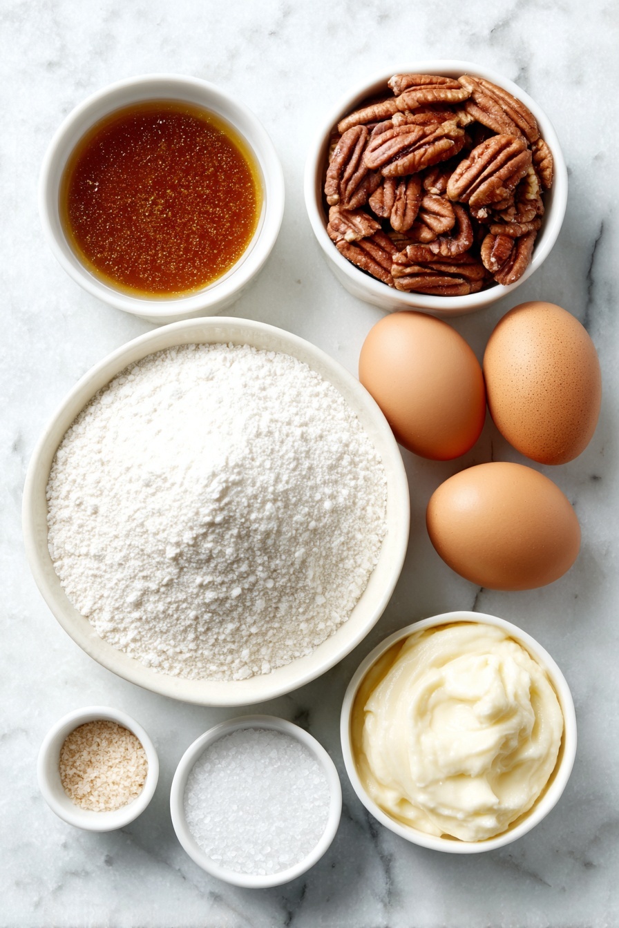 Old-Fashioned Divinity Candy, classic holiday candy, homemade divinity, fluffy candy recipe, nostalgic candy treats - Flat lay of three whole uncracked brown eggs, a small mound of white granulated sugar on a simple white ceramic plate, a small white ceramic bowl filled with clear light corn syrup, a small white ceramic bowl of clear water, a few pecan halves scattered neatly on a white ceramic dish, a tiny white ceramic bowl with fine white salt crystals, and a small white ceramic bowl containing smooth vanilla bean paste, all arranged symmetrically and balanced, placed on a clean white marble surface, soft natural light, photo taken with an iPhone, professional food photography style, fresh ingredients, white ceramic bowls, no bottles, no duplicates, no utensils, no packaging --ar 2:3 --v 7 --p m7354615311229779997