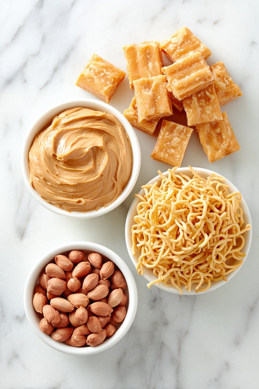 No Bake Haystack Cookies, easy no bake cookies, peanut butter chow mein cookies, no bake sweet treats, quick dessert recipes - Flat lay of a small pile of smooth golden butterscotch chips, a neat mound of creamy light brown peanut butter, a handful of glossy salted peanuts with skins on, and a loose cluster of pale beige chow mein noodles, all arranged separately in simple white ceramic bowls and plates, placed on a clean white marble surface, soft natural light, photo taken with an iPhone, professional food photography style, fresh ingredients, white ceramic bowls, no bottles, no duplicates, no utensils, no packaging --ar 2:3 --v 7 --p m7354615311229779997