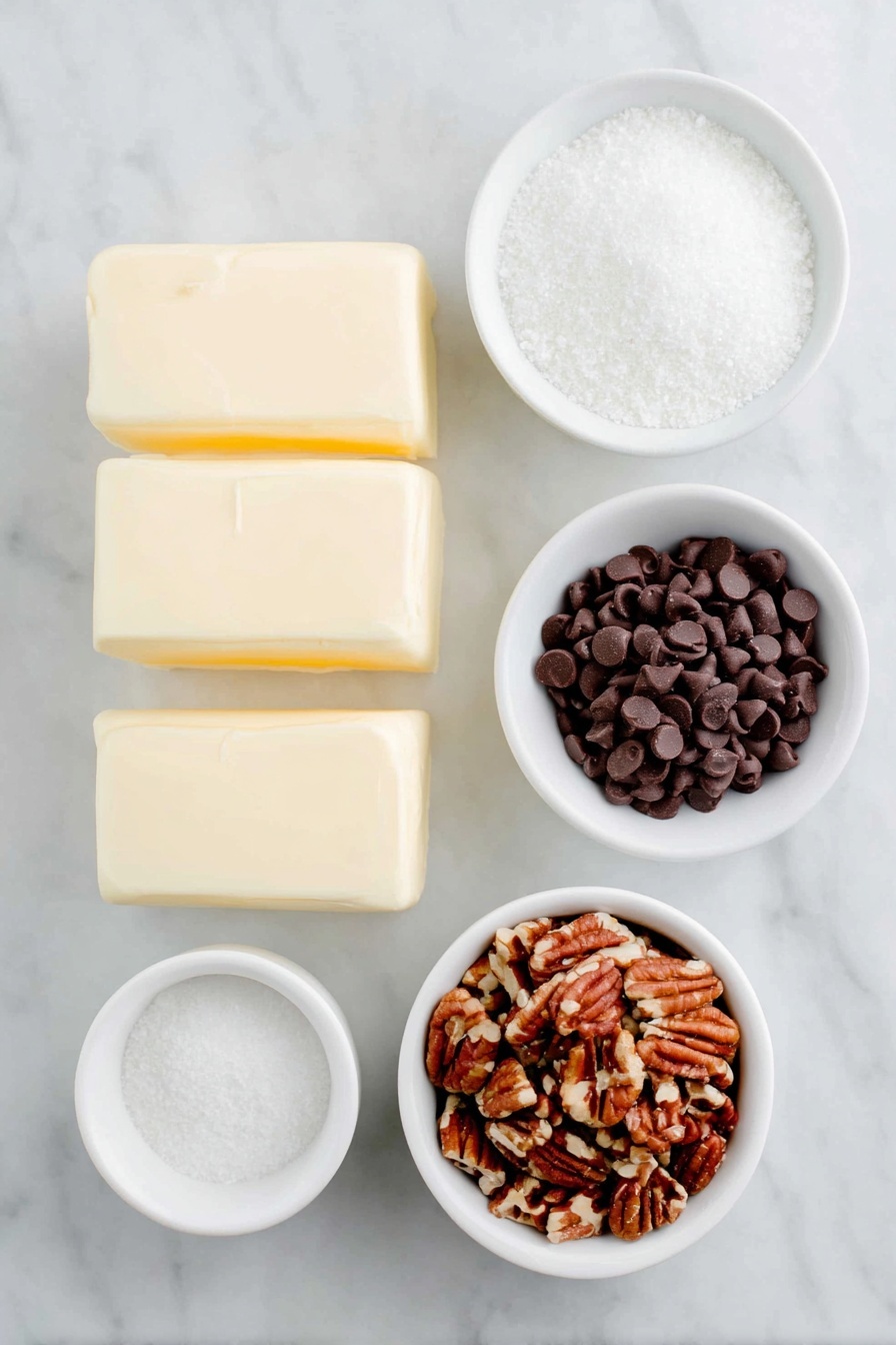 Homemade Toffee with Chocolate and Pecans, decadent chocolate pecan toffee, easy homemade candy, buttery toffee recipe, crispy chocolate topping - Flat lay of two sticks of fresh unsalted butter with clean edges, a small white ceramic bowl filled with granulated sugar, a small white ceramic bowl heaped with glossy semisweet chocolate chips, and a small white ceramic bowl holding finely chopped pecans, all arranged symmetrically on a clean white marble surface, soft natural light, photo taken with an iPhone, professional food photography style, fresh ingredients, white ceramic bowls, no bottles, no duplicates, no utensils, no packaging --ar 2:3 --v 7 --p m7354615311229779997