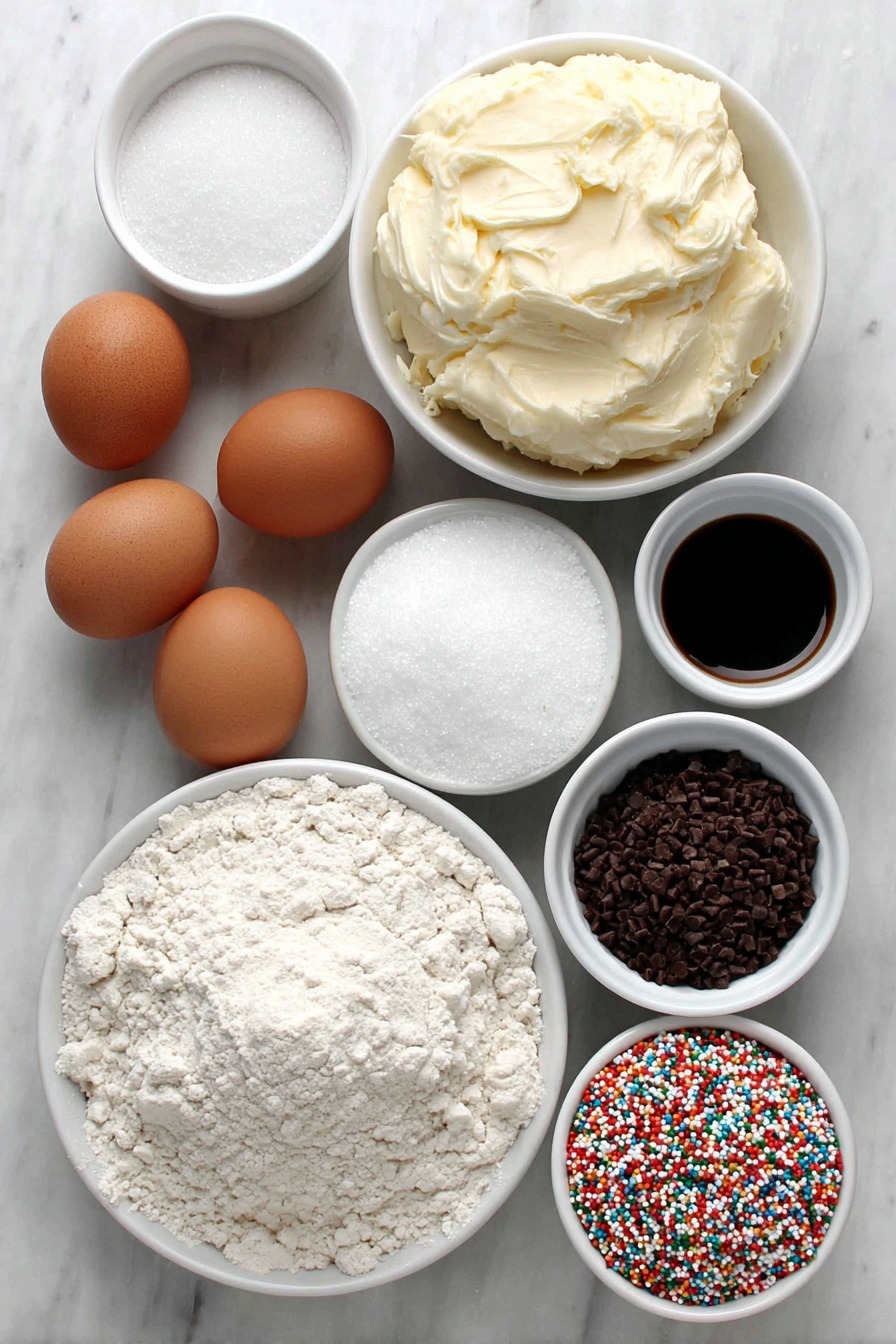 Festive Holiday Pinwheel Cookies, holiday cookie recipes, Christmas cookie ideas, easy holiday cookies, colorful pinwheel cookies - Flat lay of a small mound of softened salted butter, a small white bowl filled with granulated sugar, another small white bowl with powdered sugar, two whole uncracked brown eggs, a small white bowl of vanilla extract, a heaping pile of all-purpose flour, a small white bowl containing baking powder, a small white bowl with salt, a small white bowl holding vibrant red gel food coloring, a small white bowl with rich green gel food coloring, and a small white bowl filled with colorful holiday nonpareils, all arranged symmetrically on a clean white marble surface, soft natural light, photo taken with an iPhone, professional food photography style, fresh ingredients, white ceramic bowls, no bottles, no duplicates, no utensils, no packaging --ar 2:3 --v 7 --p m7354615311229779997