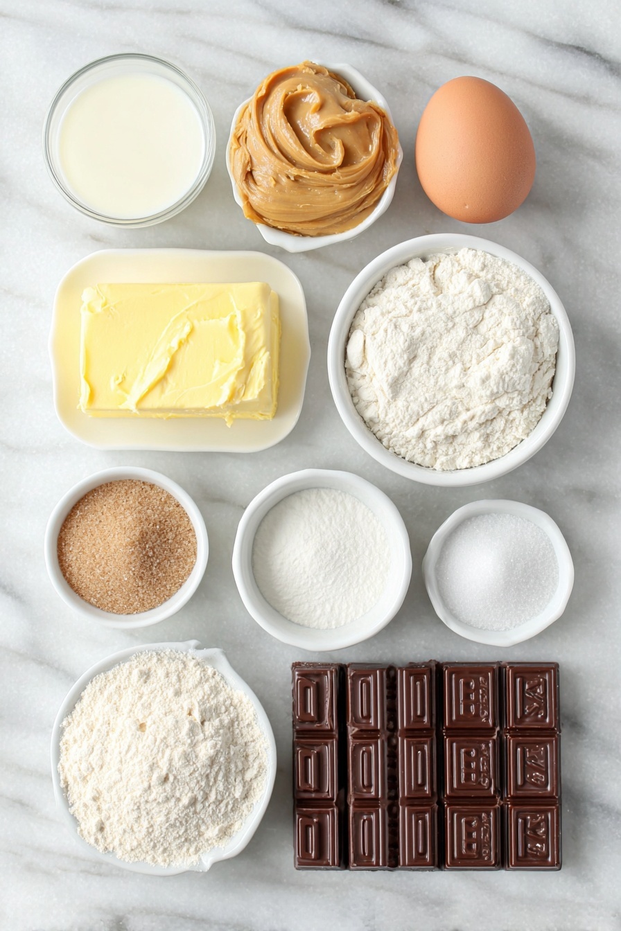 Reese's Peanut Butter Cookie Cups, peanut butter chocolate cookies, homemade Reese's cookie cups, easy peanut butter cookie recipe, chocolate peanut butter treats - Flat lay of creamy peanut butter in a smooth dollop, a small mound of soft salted butter, two small heaps of granulated sugar and brown sugar side by side, one whole uncracked brown egg, a small white ceramic bowl filled with milk, a small white bowl containing clear vanilla extract, a neat pile of all-purpose flour, a small white bowl with baking powder, a tiny heap of salt, and a neat stack of Reese’s Peanut Butter Thins arranged in a simple row, all placed on a clean white marble surface, soft natural light, photo taken with an iPhone, professional food photography style, fresh ingredients, white ceramic bowls, no bottles, no duplicates, no utensils, no packaging --ar 2:3 --v 7 --p m7354615311229779997
