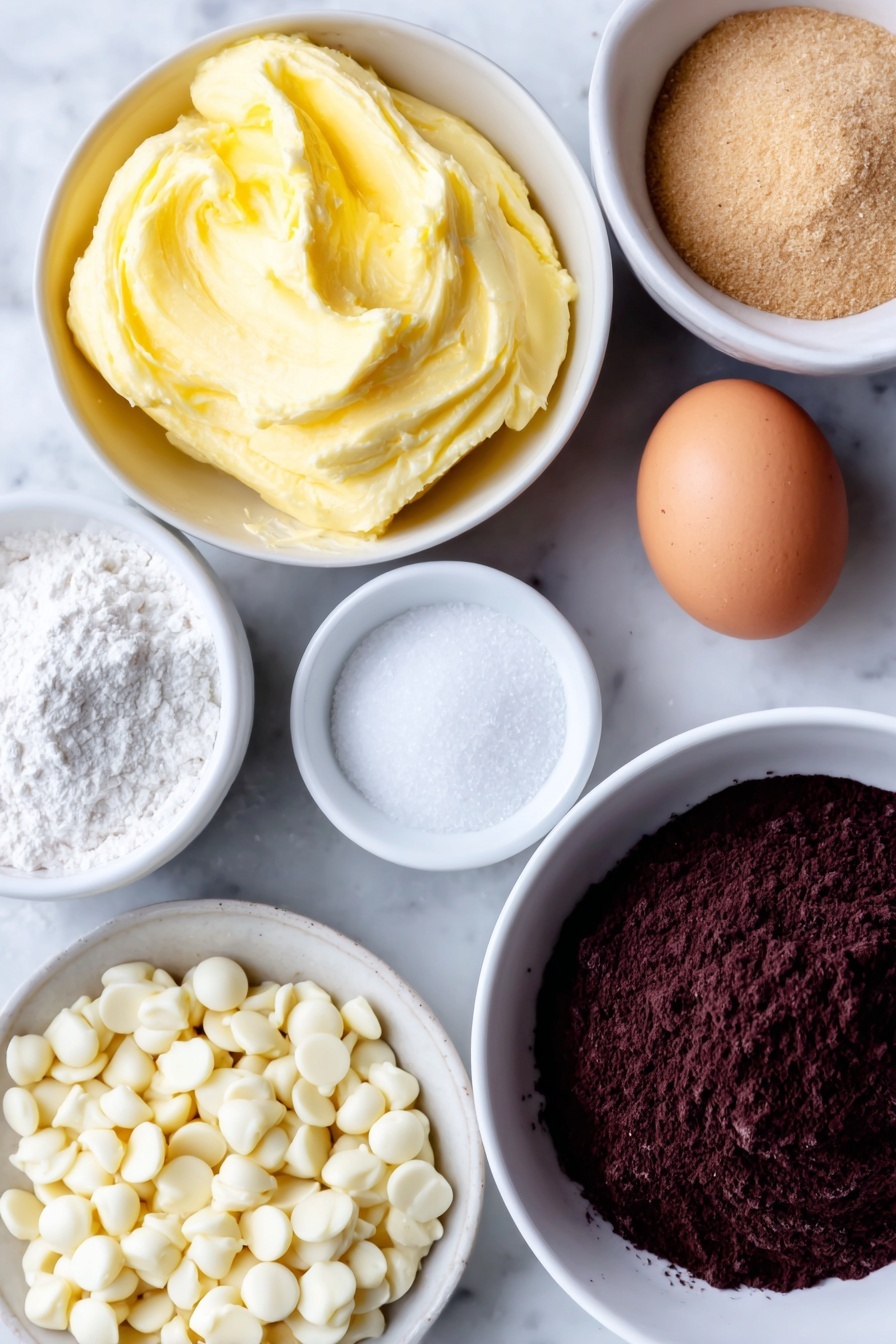 Inside Out Chocolate Chip Cookies, chocolate chip cookies with white chocolate gems, cocoa-flavored cookies recipe, unique chocolate cookie recipe, irresistible chocolate chip cookie twist - Flat lay of a small white ceramic bowl of softened golden butter, a small white ceramic bowl of white granulated sugar, a small white ceramic bowl of packed light brown sugar, one large whole egg with a clean shell, a small white ceramic bowl of pure vanilla extract, a small white ceramic bowl of all-purpose flour, a small white ceramic bowl of rich dark cocoa powder, a small white ceramic bowl of fine baking soda, a small white ceramic bowl of fine salt, a small white ceramic bowl of creamy milk, a small white ceramic bowl filled with white chocolate chips scattered naturally, all arranged symmetrically and balanced, placed on a clean white marble surface, soft natural light, photo taken with an iPhone, professional food photography style, fresh ingredients, white ceramic bowls, no bottles, no duplicates, no utensils, no packaging --ar 2:3 --v 7 --p m7354615311229779997