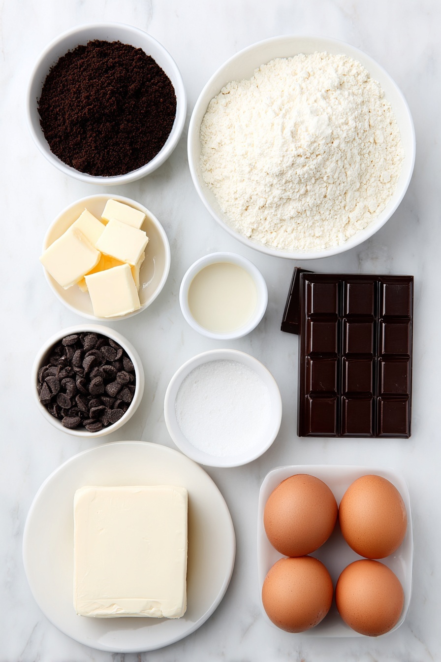 Chocolate Cheesecake Bars with Oreo Crust, Oreo Oreo Cheesecake Bars, easy chocolate cheesecake bars, creamy chocolate dessert bars, no-bake Oreo cheesecake bars - Flat lay of a small white ceramic bowl filled with fine Oreo crumbs made from black and white sandwich cookies, next to a few squares of unsalted golden melted butter on a simple white ceramic plate; a block of creamy white cream cheese with a smooth surface on a white ceramic dish, accompanied by a small white bowl of fine white granulated sugar, and another small white bowl holding dark brown unsweetened cocoa powder; a broken dark glossy chocolate bar with rich texture on a white ceramic plate; a small white bowl containing thick pale heavy cream next to a tiny white bowl with clear vanilla extract; four large brown eggs with clean, uncracked shells arranged neatly on a white ceramic plate; and a small white bowl filled with shiny semi-sweet chocolate chips alongside another small white bowl of rich heavy cream—all ingredients fresh and natural, perfectly symmetrical and balanced, placed on a clean white marble surface, soft natural light, photo taken with an iPhone, professional food photography style, fresh ingredients, white ceramic bowls, no bottles, no duplicates, no utensils, no packaging --ar 2:3 --v 7 --p m7354615311229779997