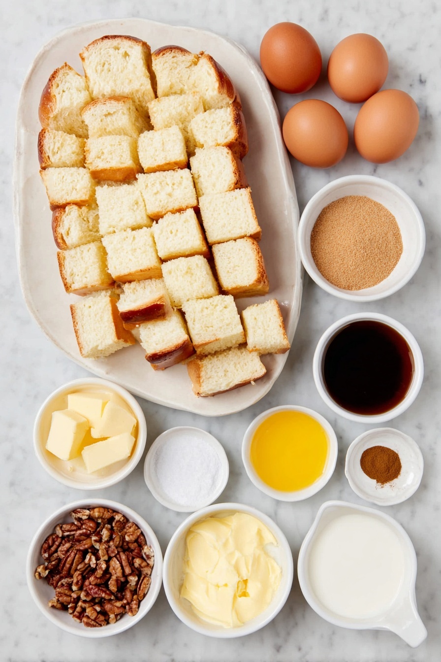 French Toast Casserole with Pecans, breakfast casserole with pecans, easy French toast bake, weekend brunch ideas, overnight breakfast casserole - Flat lay of a sliced loaf of challah bread cut into 1-inch cubes on a simple white ceramic plate, five whole uncracked brown eggs arranged neatly, a small white bowl of fresh milk, a small white bowl of golden brown sugar, a small white bowl of ground cinnamon, a small white bowl of ground nutmeg, a small white bowl of coarse sea salt, a small white bowl of amber maple syrup, a small white bowl of melted unsalted butter, and a small white bowl of chopped pecans, all placed on a clean white marble surface, soft natural light, photo taken with an iPhone, professional food photography style, fresh ingredients, white ceramic bowls, no bottles, no duplicates, no utensils, no packaging --ar 2:3 --v 7 --p m7354615311229779997