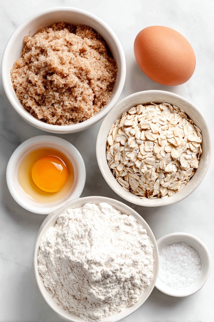 Lace Cookies with Brown Butter and Oats, crunchy lace cookies, nutty oat cookies, crispy brown butter cookies, delicate oat lace cookies - Flat lay of a small white ceramic bowl of light brown packed sugar, a small white ceramic bowl of pale all-purpose flour, a small white ceramic bowl of rolled oats, a small white ceramic bowl of golden melted butter, a single whole clean-shelled brown egg, a few drops of golden vanilla extract in a tiny white ceramic bowl, and a small white ceramic bowl of coarse salt, all arranged in perfect symmetry with balanced proportions, placed on a clean white marble surface, soft natural light, photo taken with an iPhone, professional food photography style, fresh ingredients, white ceramic bowls, no bottles, no duplicates, no utensils, no packaging --ar 2:3 --v 7 --p m7354615311229779997