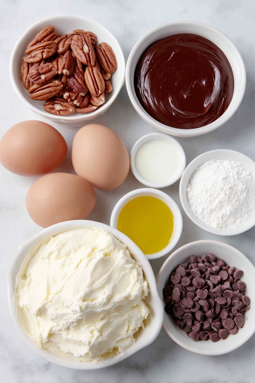 German Chocolate Poke Cake, chocolate poke cake recipe, coconut pecan cake, easy German chocolate dessert, moist chocolate cake with fudge - Flat lay of three whole brown eggs with clean shells, a small pile of unshelled pecans, a small white ceramic bowl of glossy mini chocolate chips, a small white ceramic bowl of thick sweetened condensed milk, a small white ceramic bowl of rich hot fudge sauce, a tub of creamy coconut pecan frosting with visible coconut flakes and pecan pieces beside it, and a small white ceramic bowl containing golden vegetable oil, all arranged symmetrically on a clean white marble surface, soft natural light, photo taken with an iPhone, professional food photography style, fresh ingredients, white ceramic bowls, no bottles, no duplicates, no utensils, no packaging --ar 2:3 --v 7 --p m7354615311229779997