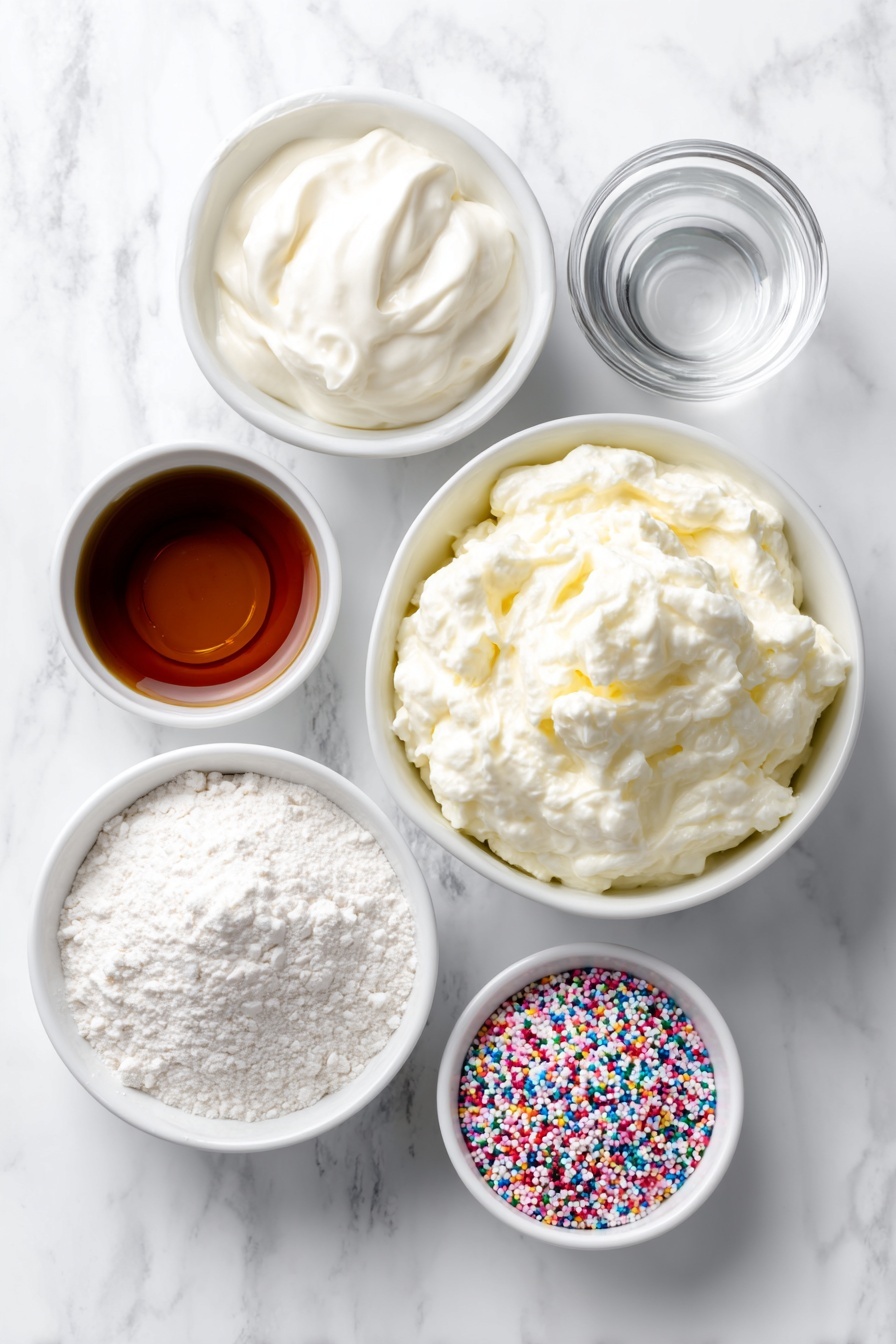 Protein Dunkaroo Dip, healthy adult dunkaroo dip, high-protein snack dip, quick sweet dips, easy party dip - Flat lay of a small white ceramic bowl filled with creamy plain Greek yogurt, a tiny white bowl holding clear vanilla extract, a small white bowl heaped with fine vanilla whey protein powder, a small white bowl containing amber-colored maple syrup, and a small white bowl brimming with colorful rainbow sprinkles, all ingredients fresh and natural, perfectly arranged in balanced symmetry, placed on a clean white marble surface, soft natural light, photo taken with an iPhone, professional food photography style, fresh ingredients, white ceramic bowls, no bottles, no duplicates, no utensils, no packaging --ar 2:3 --v 7 --p m7354615311229779997