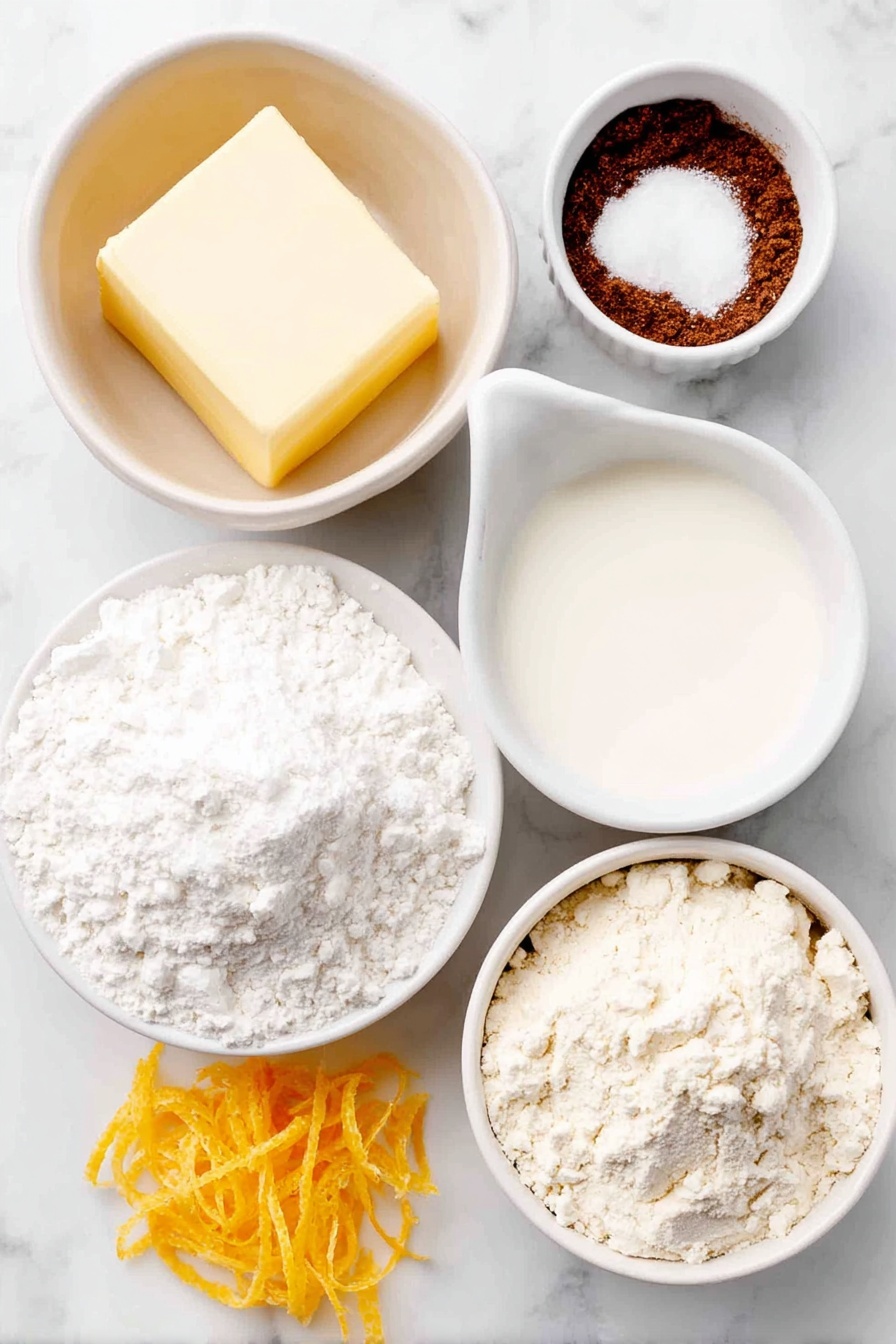 Cardamom Shortbread Cookies with Orange Glaze, citrus shortbread cookies, flavored holiday cookies, spiced butter cookies, orange glaze dessert - Flat lay of a small square of salted butter, a small white bowl of fine powdered sugar, a small white bowl with golden ground cardamom powder, a neat pile of all-purpose flour, a small white bowl of bright orange juice, a small white bowl of fresh milk, a few strips of fresh orange zest, placed on a clean white marble surface, soft natural light, photo taken with an iPhone, professional food photography style, fresh ingredients, white ceramic bowls, no bottles, no duplicates, no utensils, no packaging --ar 2:3 --v 7 --p m7354615311229779997