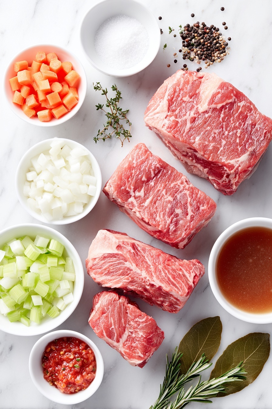 Italian Pot Roast Beef, Italian Pot Roast Recipe, Hearty Italian Beef Dinner, Easy Italian Roast, Comfort Food Italian Roast - Flat lay of diced fresh bacon cubes, three large raw beef chuck pieces with visible marbling, a small mound of coarse sea salt and cracked black peppercorns, a small white bowl of diced white onion, a small white bowl of diced orange carrot, a small white bowl of diced celery stalks, a small white bowl with chopped fresh garlic cloves, a small white bowl with red pepper flakes, a small white bowl filled with rich beef broth, a small white bowl of crushed bright red tomatoes, fresh green thyme sprigs, fresh rosemary sprigs, a small white bowl with mixed Italian seasoning herbs, and two fresh green bay leaves arranged symmetrically and balanced, placed on a clean white marble surface, soft natural light, photo taken with an iPhone, professional food photography style, fresh ingredients, white ceramic bowls, no bottles, no duplicates, no utensils, no packaging --ar 2:3 --v 7 --p m7354615311229779997