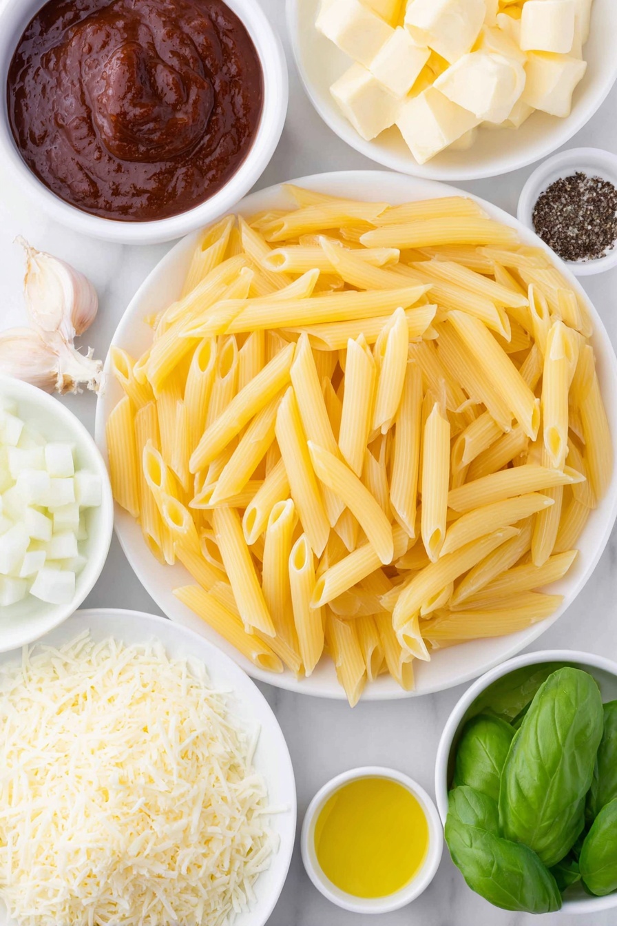 Creamy Penne alla Vodka, Penne alla Vodka, Vodka Pasta, Creamy Pasta Recipes, Easy Italian Pasta - Flat lay of uncooked penne pasta scattered neatly next to a small drizzle of golden olive oil in a white ceramic bowl, a few chunks of creamy butter arranged beside finely chopped white onion, one uncracked brown garlic clove peeled and whole, a small white bowl filled with rich red tomato paste, another white bowl holding thick heavy cream, a pinch of coarse salt and freshly ground black pepper displayed side by side on the white surface, a few fresh bright green basil leaves sliced thin and loosely fanned out, and a small pile of finely grated parmesan cheese on a simple white plate, all placed on a clean white marble surface, soft natural light, photo taken with an iPhone, professional food photography style, fresh ingredients, white ceramic bowls, no bottles, no duplicates, no utensils, no packaging --ar 2:3 --v 7 --p m7354615311229779997
