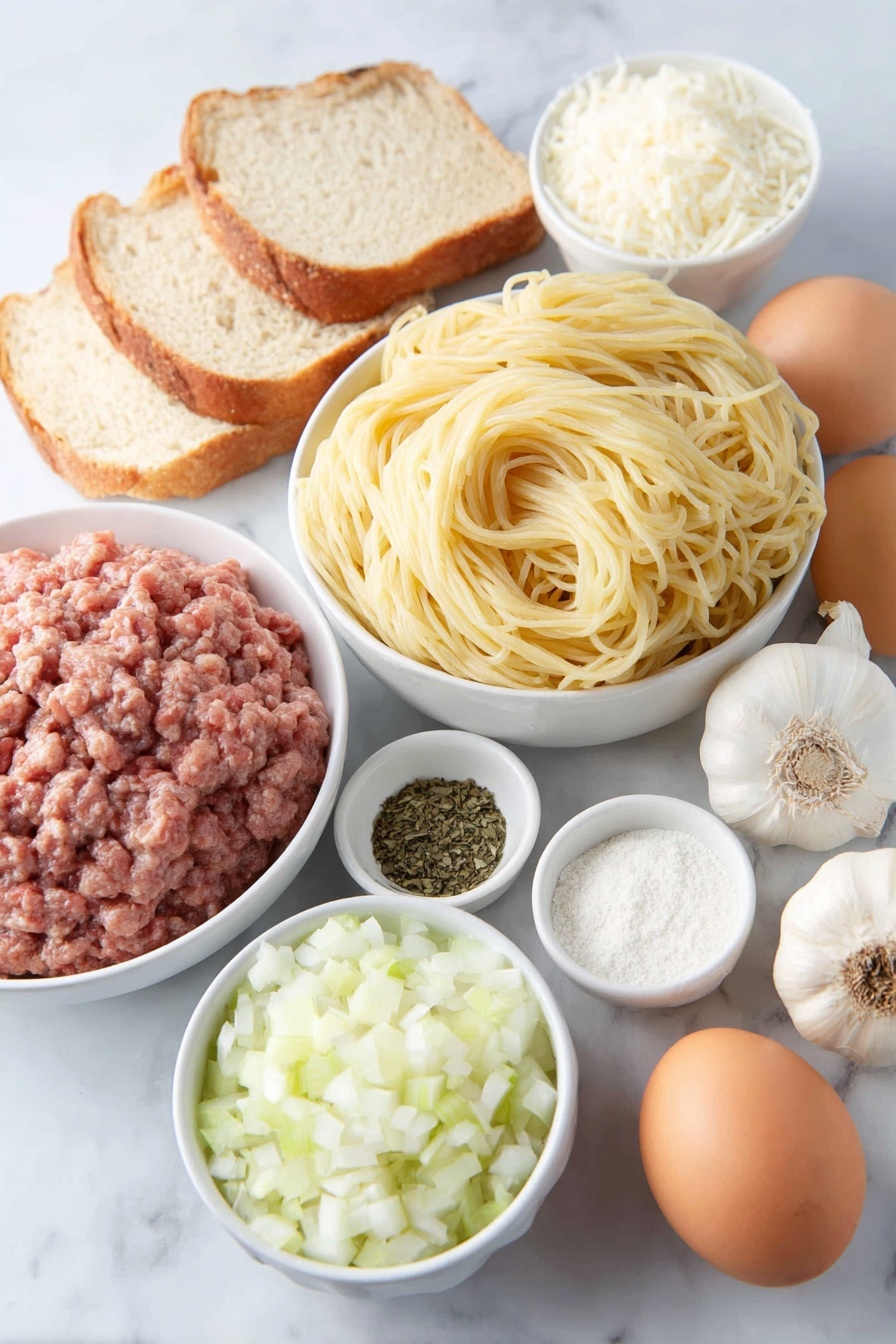 Easy Spaghetti and Meatballs, classic spaghetti and meatballs, homemade meatballs with tomato sauce, quick Italian dinner recipes, comforting pasta dishes - Flat lay of a simple white ceramic bowl filled with fresh, uncooked spaghetti, a small white bowl containing cold water, three slices of white bread with crusts removed and torn into pieces, one whole large brown egg with a clean shell, a mound of lean ground beef, a mound of sweet ground Italian sausage with casings removed, a small pile of grated parmesan cheese, four whole garlic bulbs with some cloves peeled and minced, a medium yellow onion halved to show chopped pieces, a few fresh basil sprigs finely minced, two fresh bay leaves, a small white bowl of all-purpose flour, a small white bowl of light olive oil, whole black peppercorns scattered, and a small pile of sea salt crystals, all arranged in perfect symmetry on a clean white ceramic surface, placed on a clean white marble surface, soft natural light, photo taken with an iPhone, professional food photography style, fresh ingredients, white ceramic bowls, no bottles, no duplicates, no utensils, no packaging --ar 2:3 --v 7 --p m7354615311229779997