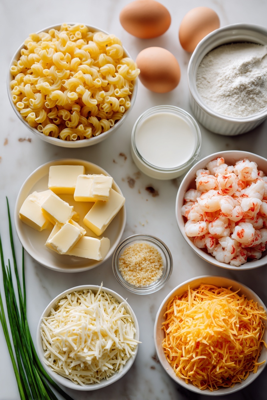 Lobster Mac and Cheese Bake, lobster pasta casserole, creamy lobster cheese dish, gourmet lobster pasta, elegant comfort food - Flat lay of a small mound of uncooked corkscrew pasta (cavatappi) with its ridged spirals, a few whole uncracked brown eggs with smooth shells, a small white ceramic bowl of golden-yellow butter cubes, a larger white bowl filled with white flour, a small white bowl containing clear water, a medium white bowl holding creamy whole milk, a pile of bright orange shredded cheddar cheese, a smaller pile of soft white shredded mozzarella cheese, a neatly arranged pile of pinkish cooked lobster meat chunks, a small white bowl of light golden panko breadcrumbs, a sprinkling of fresh, thinly sliced green chives on the side, and a few scattered dried spices including reddish smoked paprika powder and light beige garlic and onion powders, all placed on a clean white marble surface, soft natural light, photo taken with an iPhone, professional food photography style, fresh ingredients, white ceramic bowls, no bottles, no duplicates, no utensils, no packaging --ar 2:3 --v 7 --p m7354615311229779997