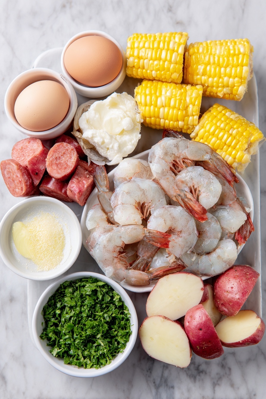 Old Bay Shrimp Boil, seafood boil recipe, easy seafood dinner, quick shrimp boil, seafood party idea - Flat lay of fresh jumbo shrimp with tails on, sliced smoked kielbasa sausage pieces, bright yellow corn ears cut into segments, halved small red potatoes, large onion wedges, whole uncut clean lemons, whole uncracked brown eggs, garlic cloves smashed but whole, chopped fresh green parsley in a small white ceramic bowl, seafood seasoning powder in a small white bowl, melted butter mixed with black pepper and salt in a small white bowl, placed on a clean white marble surface, soft natural light, photo taken with an iPhone, professional food photography style, fresh ingredients, white ceramic bowls, no bottles, no duplicates, no utensils, no packaging --ar 2:3 --v 7 --p m7354615311229779997