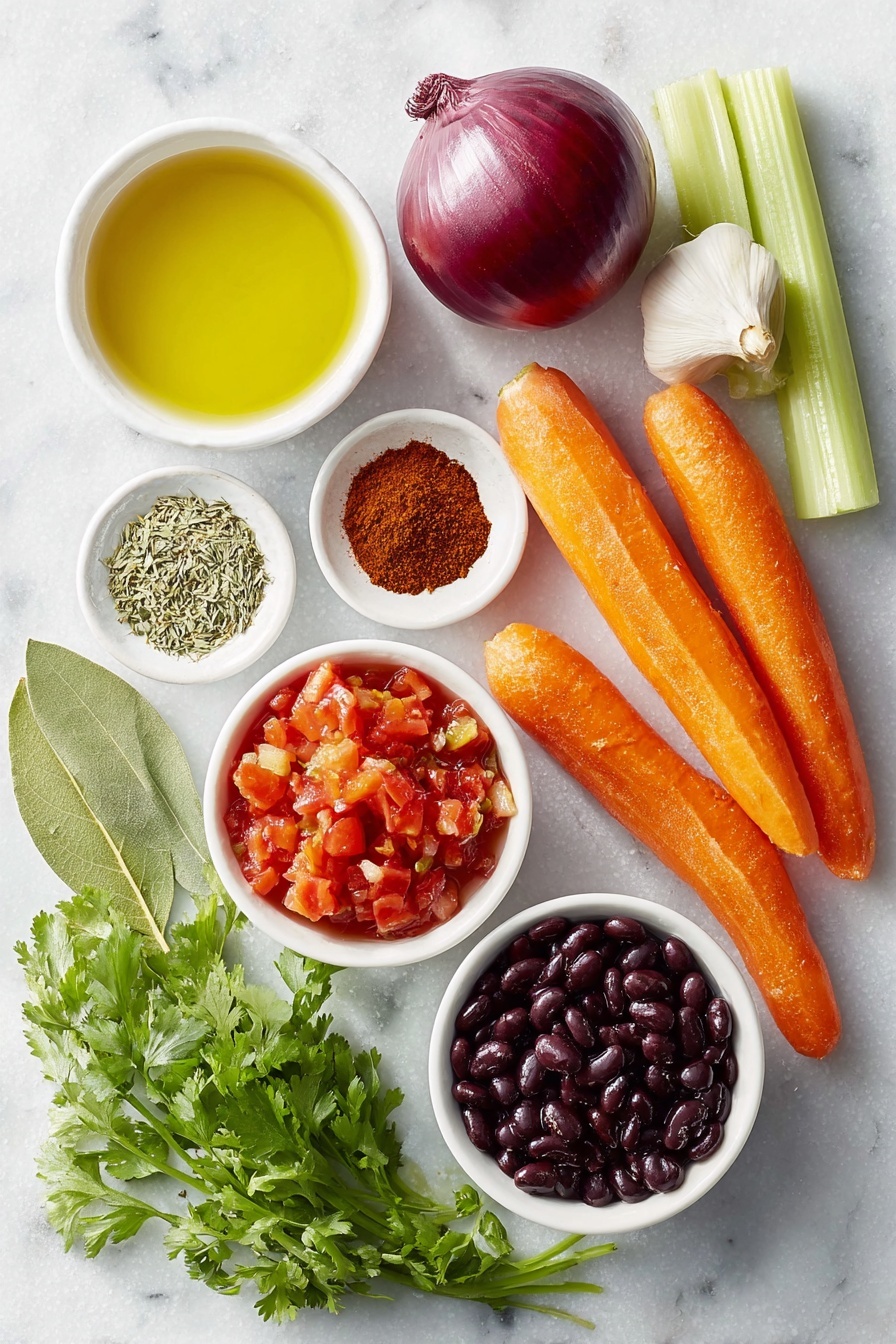 Vegetarian Chili, hearty vegetarian chili, easy vegetarian chili recipe, healthy chili recipe, flavorful vegetarian chili - Flat lay of a small white ceramic bowl of extra-virgin olive oil, a whole medium red onion, a large red bell pepper, two medium carrots, two celery ribs, four cloves of garlic, a small white bowl of chili powder, a small white bowl of ground cumin, a small white bowl of smoked paprika, a small white bowl of dried oregano, a small white ceramic bowl filled with diced fresh tomatoes and their juices, a small white ceramic bowl with black beans, a small white ceramic bowl with pinto beans, a small white bowl of vegetable broth, a fresh bay leaf, and a small pile of chopped fresh cilantro placed on a clean white marble surface, soft natural light, photo taken with an iPhone, professional food photography style, fresh ingredients, white ceramic bowls, no bottles, no duplicates, no utensils, no packaging --ar 2:3 --v 7 --p m7354615311229779997