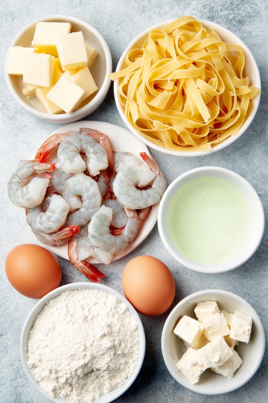 Shrimp Alfredo, easy shrimp pasta, creamy seafood pasta, quick shrimp Alfredo, simple Italian shrimp dish - Flat lay of peeled raw shrimp with tails, a small bundle of uncooked fettuccine pasta, a few tablespoons of butter in a white ceramic bowl, several small cubes of softened cream cheese on a white plate, a small white bowl of heavy cream, a small white bowl of chicken broth, two whole garlic cloves, a small white bowl filled with freshly grated parmesan cheese, and two whole brown eggs arranged symmetrically, placed on a clean white marble surface, soft natural light, photo taken with an iPhone, professional food photography style, fresh ingredients, white ceramic bowls, no bottles, no duplicates, no utensils, no packaging --ar 2:3 --v 7 --p m7354615311229779997