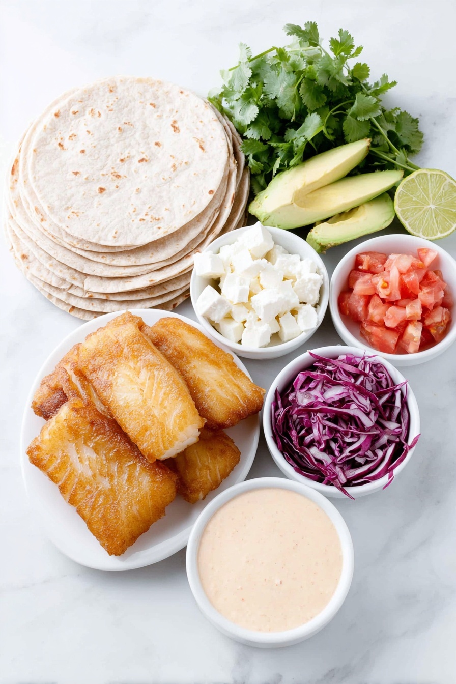 Vegan Fish Tacos with Fresh Toppings, plant-based fish tacos, vegetarian fish taco recipe, crispy vegan fish tacos, healthy vegan taco recipes - Flat lay of a small stack of soft corn tortillas, a few pieces of golden beer battered vegan fried fish with a crispy texture, shredded vibrant purple cabbage, two bright red roma tomatoes finely diced, finely diced white onion, a small bunch of fresh green cilantro with chopped leaves, sliced creamy green avocado, crumbled white vegan feta cheese, lime wedges with juicy green rind, and a small white ceramic bowl of creamy vegan mayo sauce mixed with bright red Sriracha and a hint of lime juice and garlic powder — all ingredients fresh and natural, arranged in perfect symmetry on simple white ceramic bowls and plates, placed on a clean white marble surface, soft natural light, photo taken with an iPhone, professional food photography style, fresh ingredients, white ceramic bowls, no bottles, no duplicates, no utensils, no packaging --ar 2:3 --v 7 --p m7354615311229779997