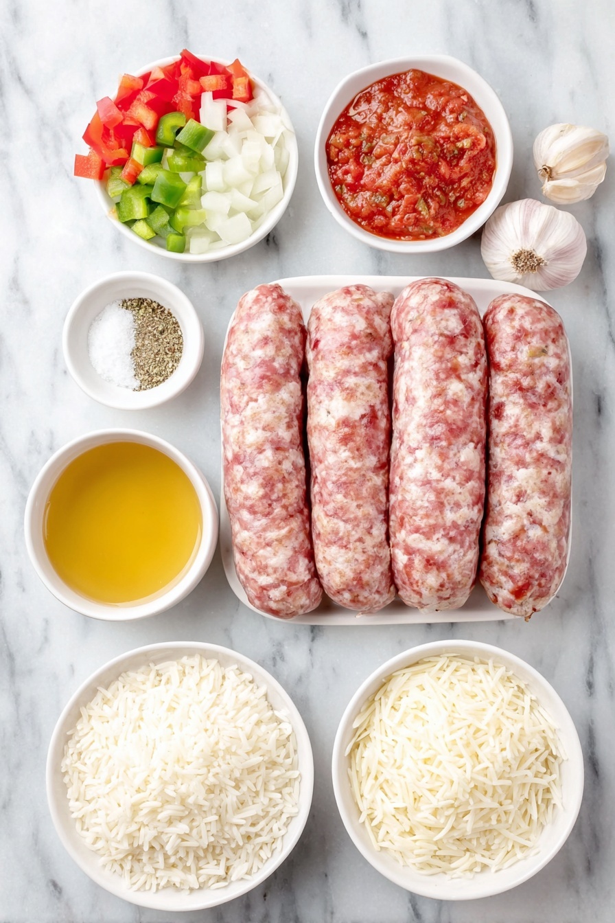 Stuffed Pepper Skillet with Sausage and Rice, stuffed pepper skillet, sausage and rice skillet, easy sausage skillet dinner, one-pan stuffed pepper dish - Flat lay of a mound of fresh mild Italian sausage links, a handful of chopped red and green bell peppers, half a medium yellow onion sliced, two whole garlic cloves, a small white bowl of coarse salt, a small white bowl of dried oregano, a small white bowl of ground black pepper, a small white bowl of ground cumin, a small white bowl filled with golden chicken broth, a small white bowl of bright red tomato salsa, a small white bowl with uncooked long-grain white rice grains, and a small pile of shredded fresh mozzarella cheese, all arranged in perfect symmetry on simple white ceramic bowls and plates, placed on a clean white marble surface, soft natural light, photo taken with an iPhone, professional food photography style, fresh ingredients, white ceramic bowls, no bottles, no duplicates, no utensils, no packaging --ar 2:3 --v 7 --p m7354615311229779997